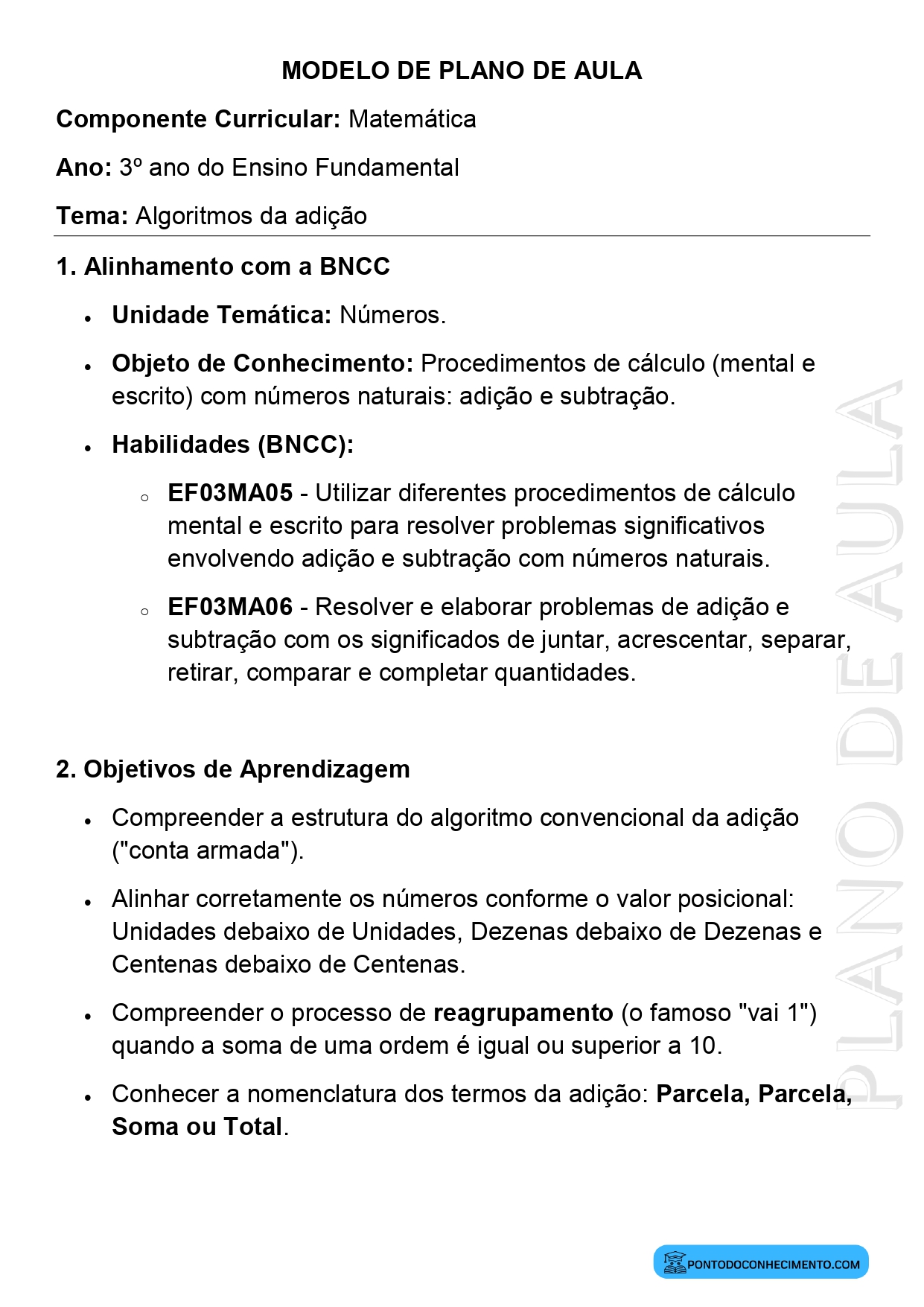 Modelo de plano de aula de Matemática para o 3º ano do Ensino Fundamental sobre algoritmos da adição