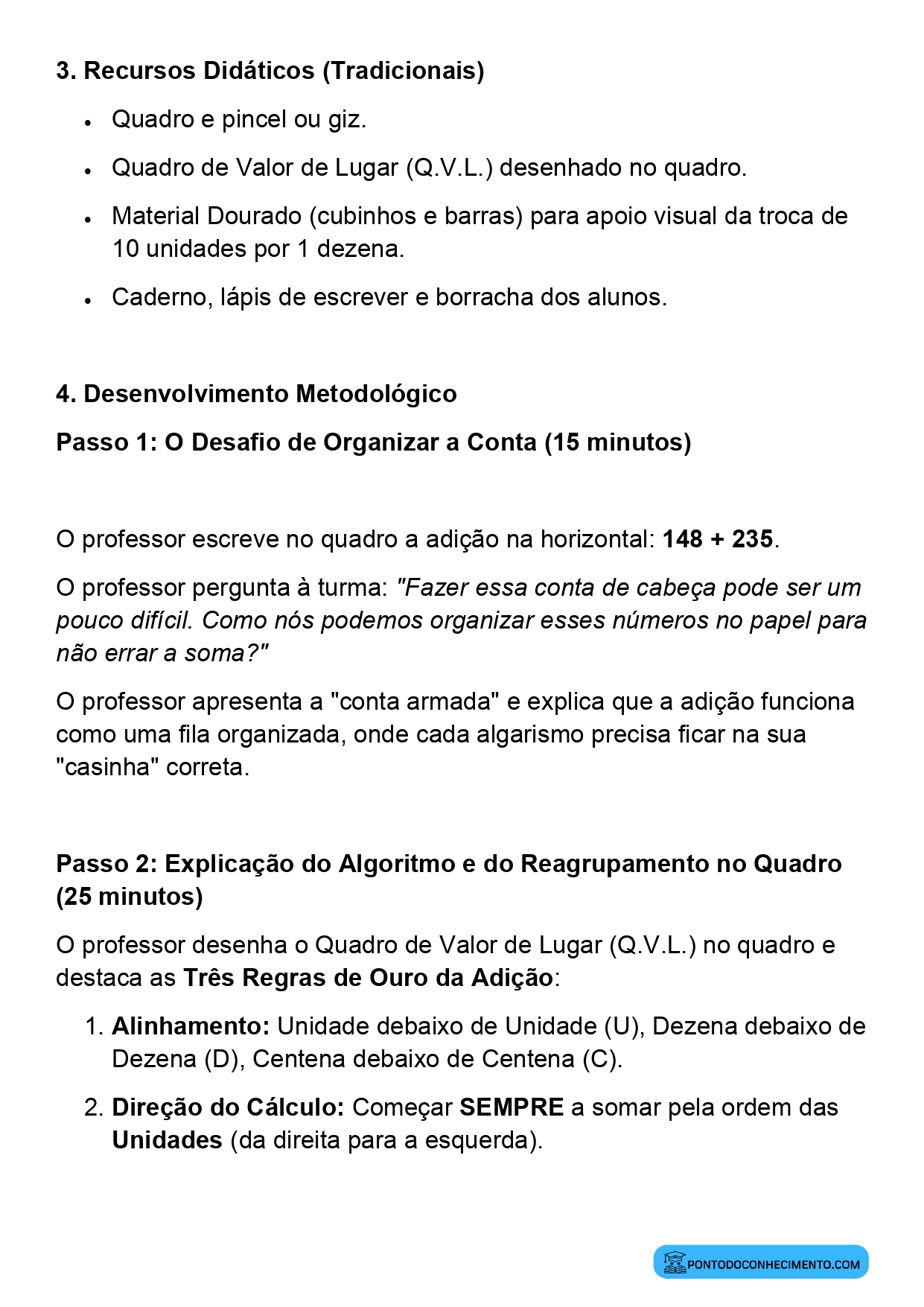 Plano de aula sobre algoritmo convencional da adição