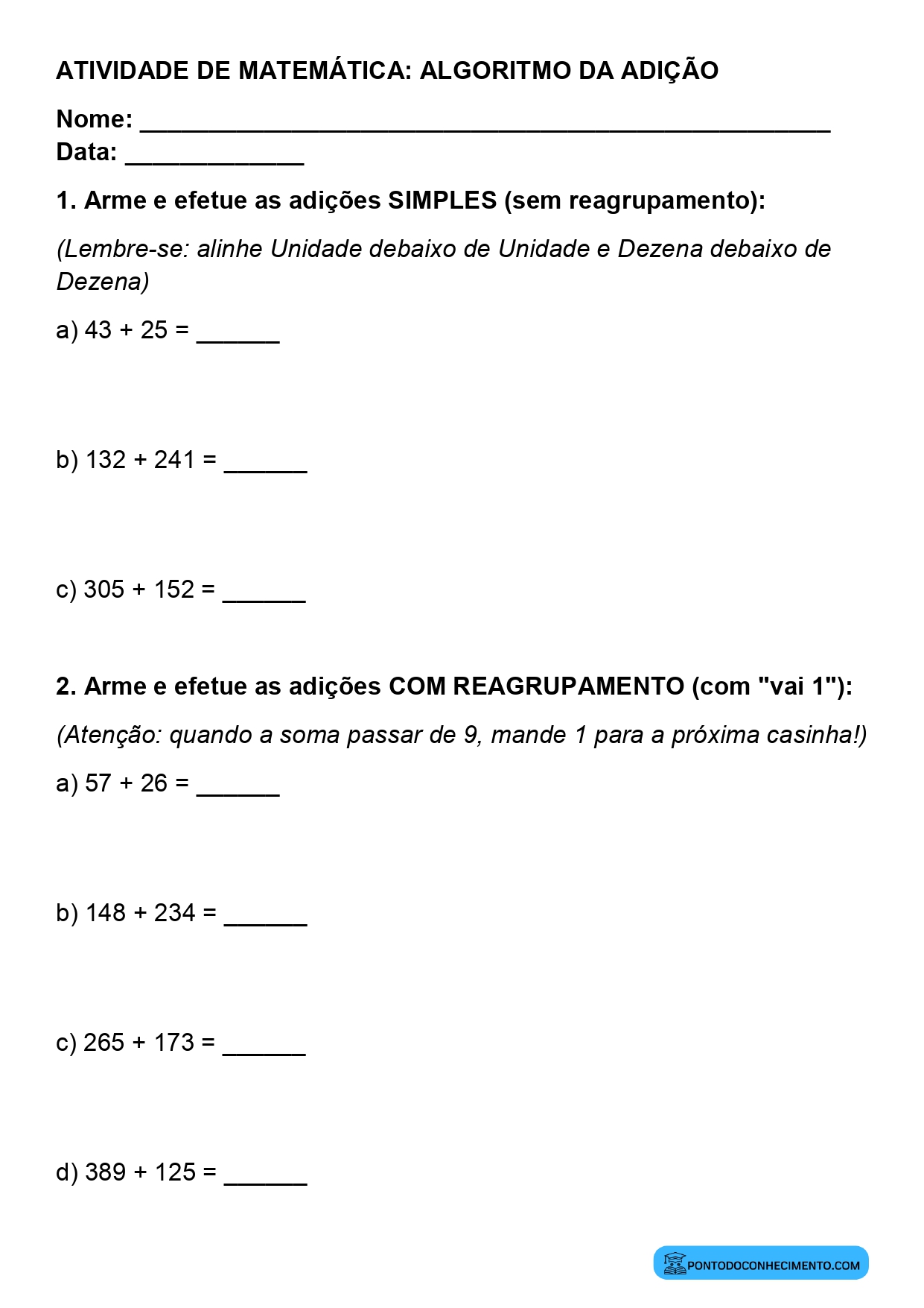 Plano de aula de Matemática sobre cálculo por algoritmo da adição