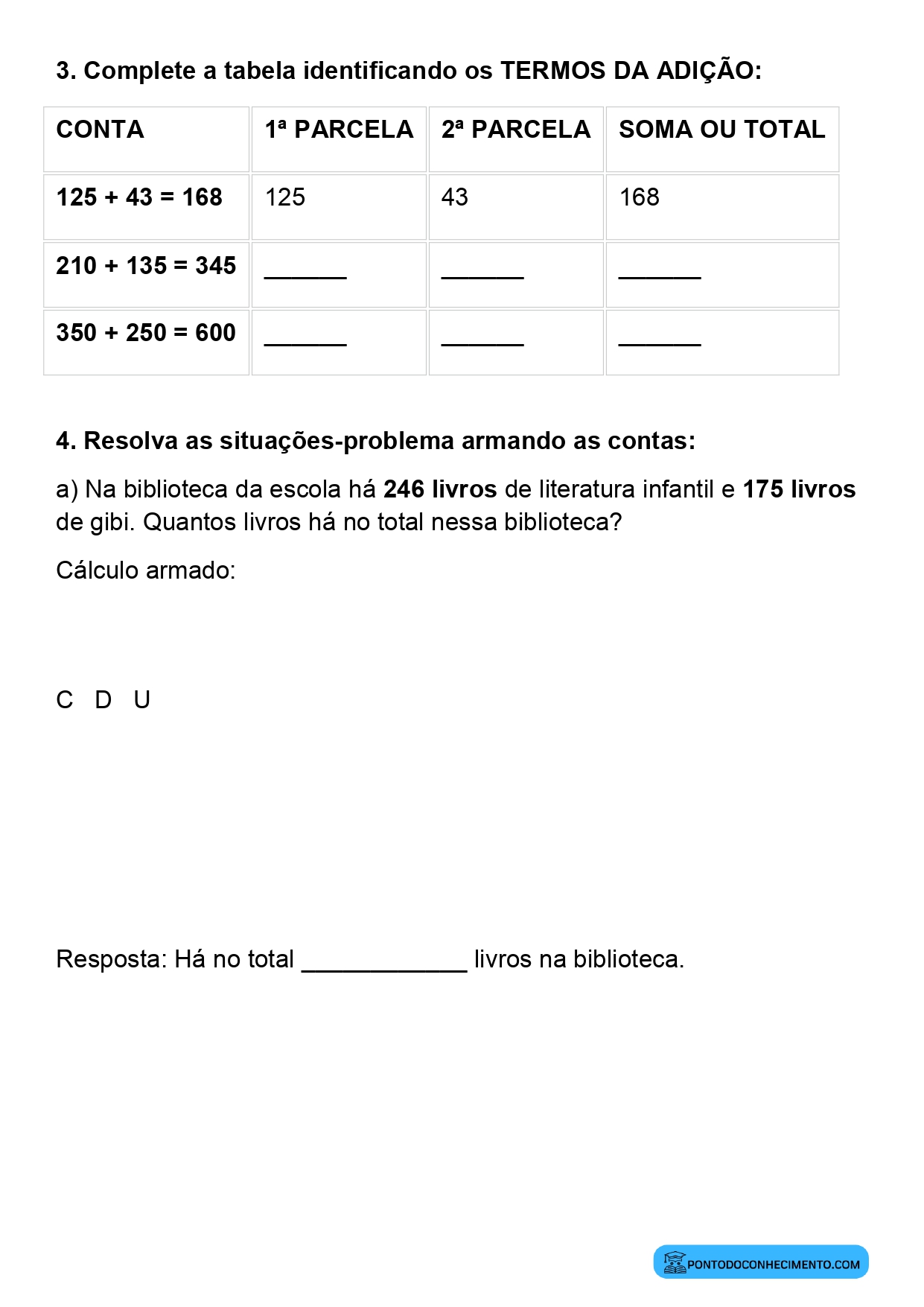 Plano de aula sobre resolução de adições com algoritmo