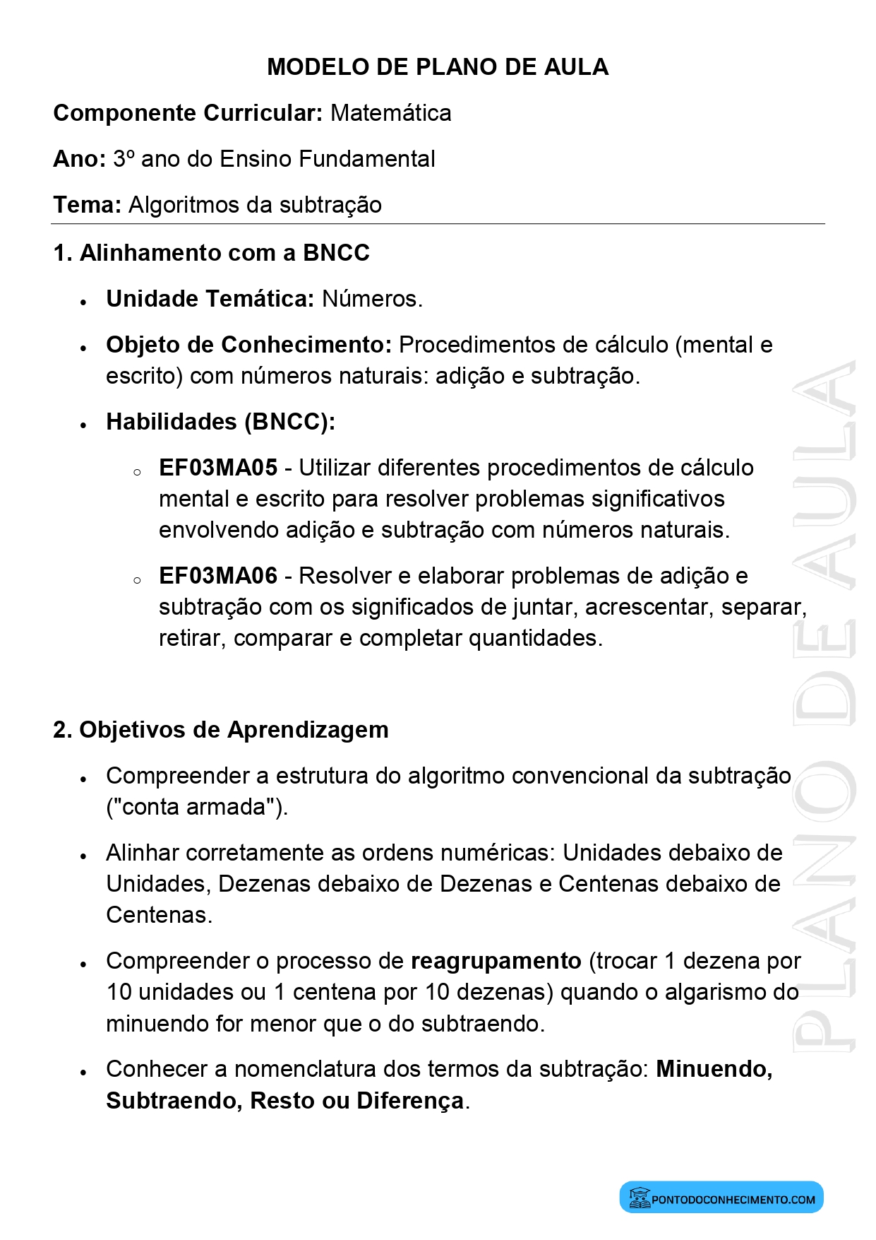 Modelo de plano de aula de Matemática para o 3º ano do Ensino Fundamental sobre algoritmos da subtração