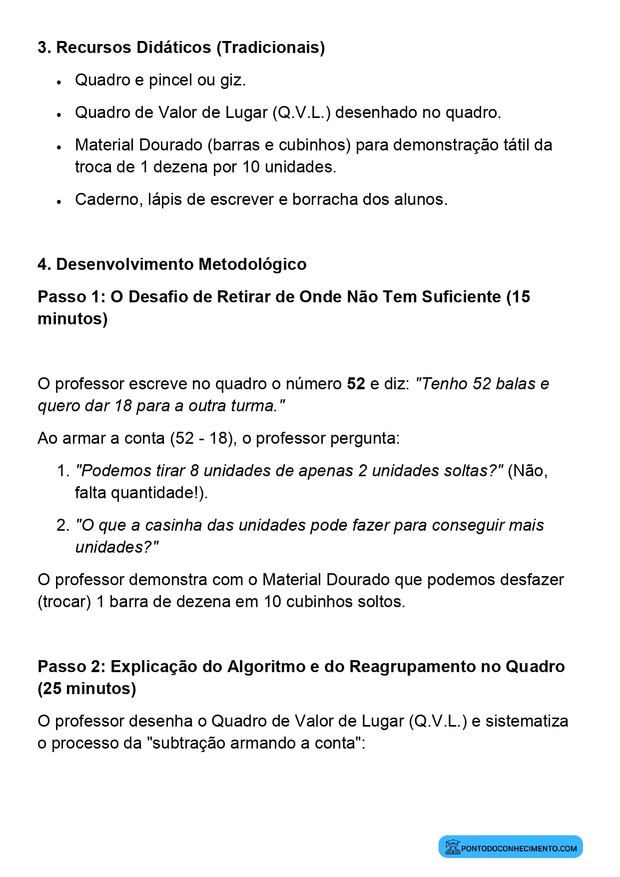 Plano de aula sobre algoritmo convencional da subtração