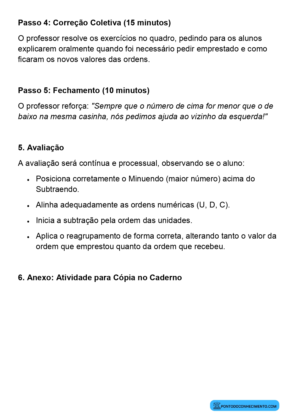 Plano de aula sobre técnicas de subtração 3º ano