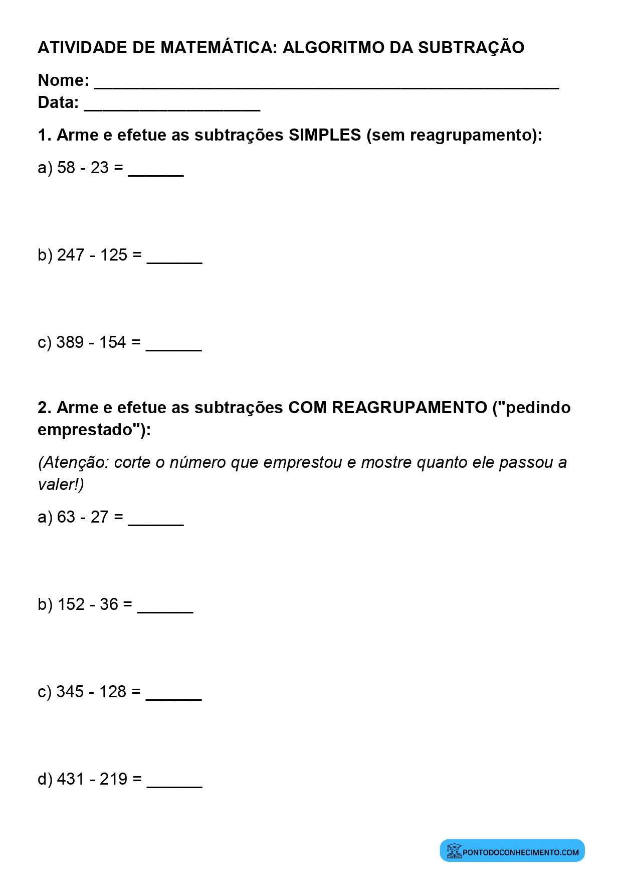 Plano de aula de Matemática sobre cálculo por algoritmo da subtração