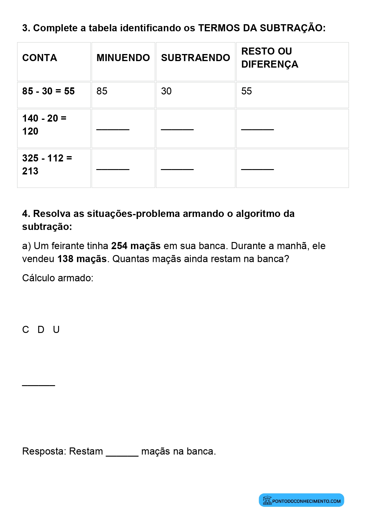Plano de aula sobre resolução de subtrações com algoritmo