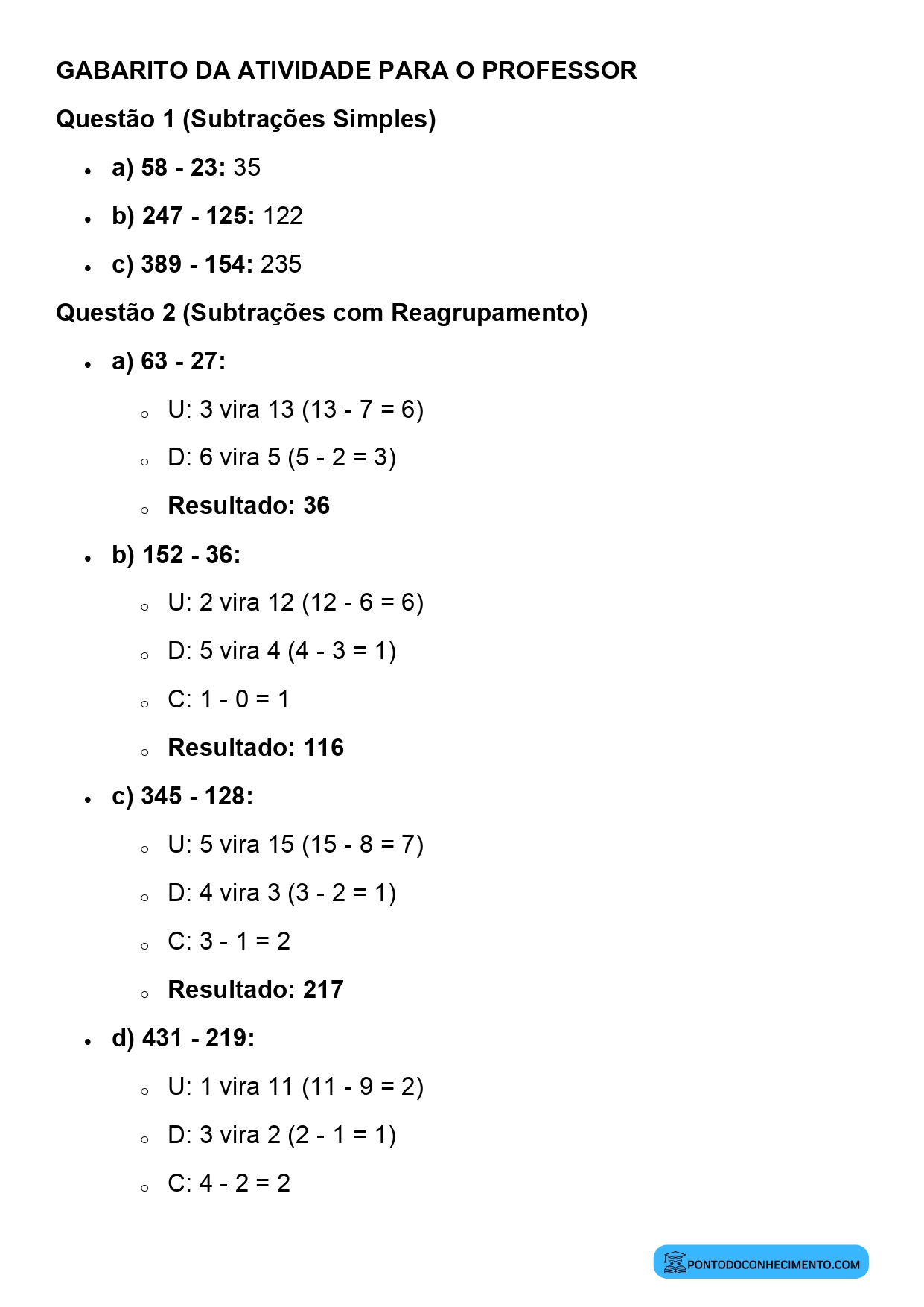Plano de aula de Matemática sobre subtração com reagrupamento