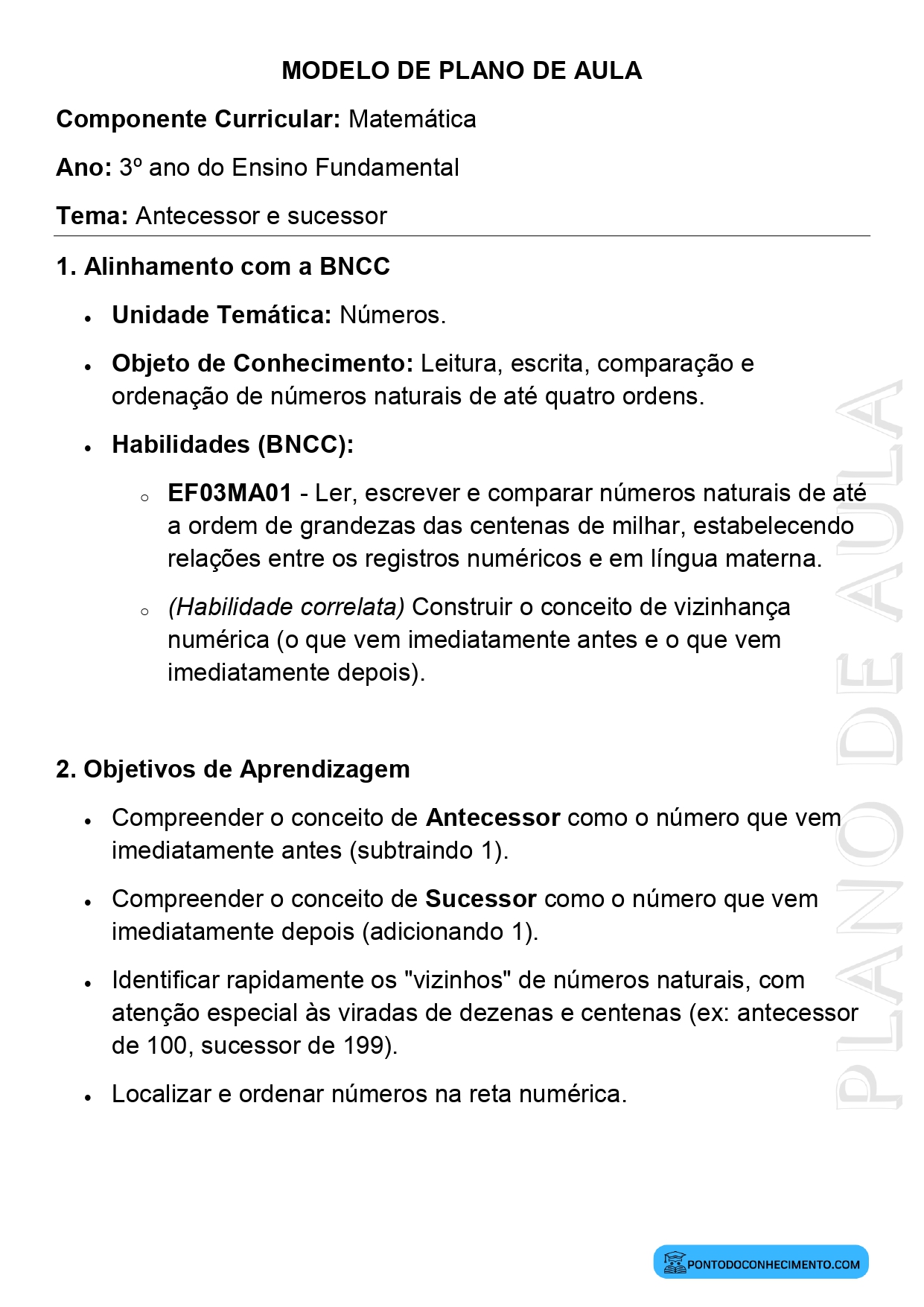 Plano de aula de Matemática 3º ano antecessor e sucessor