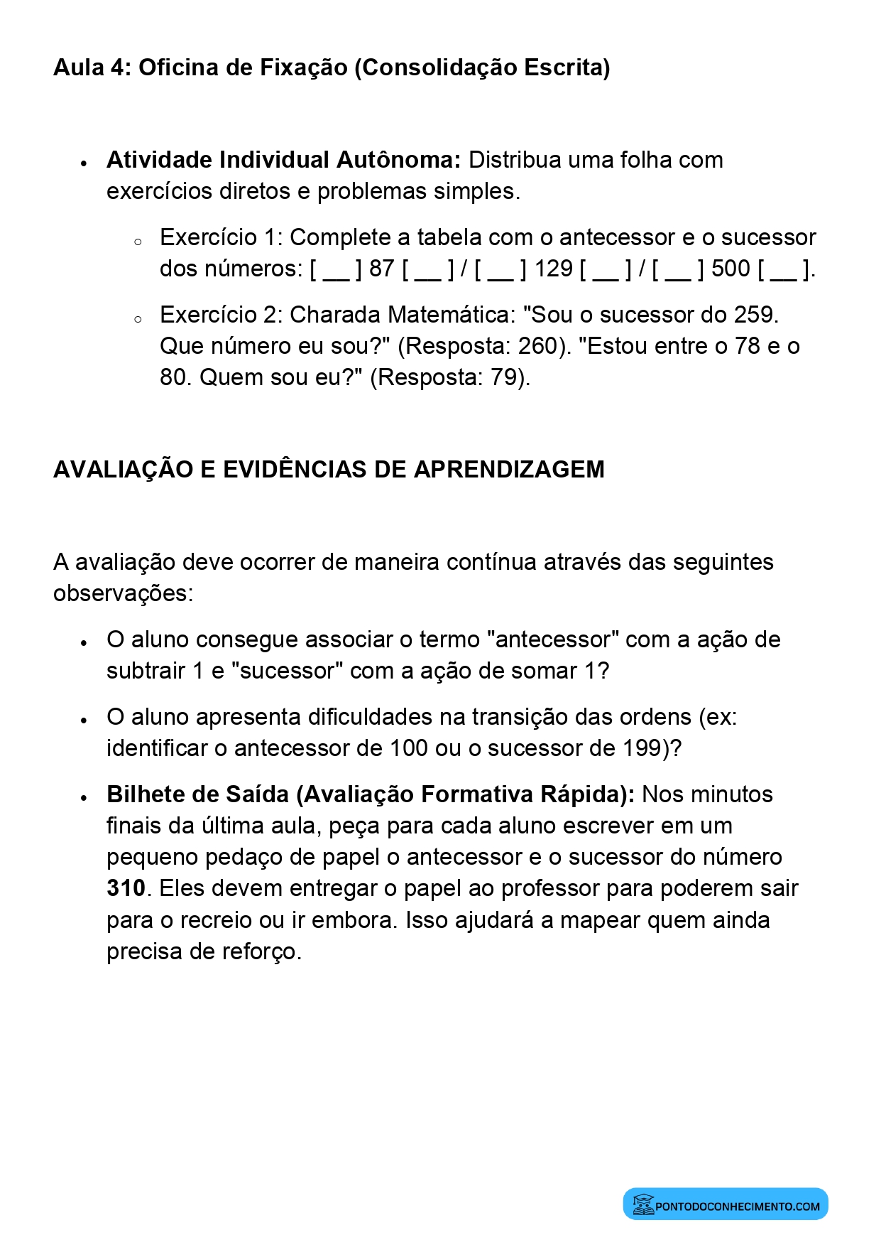 Plano de Aula BNCC Matemática 2º Ano Antecessor e Sucessor