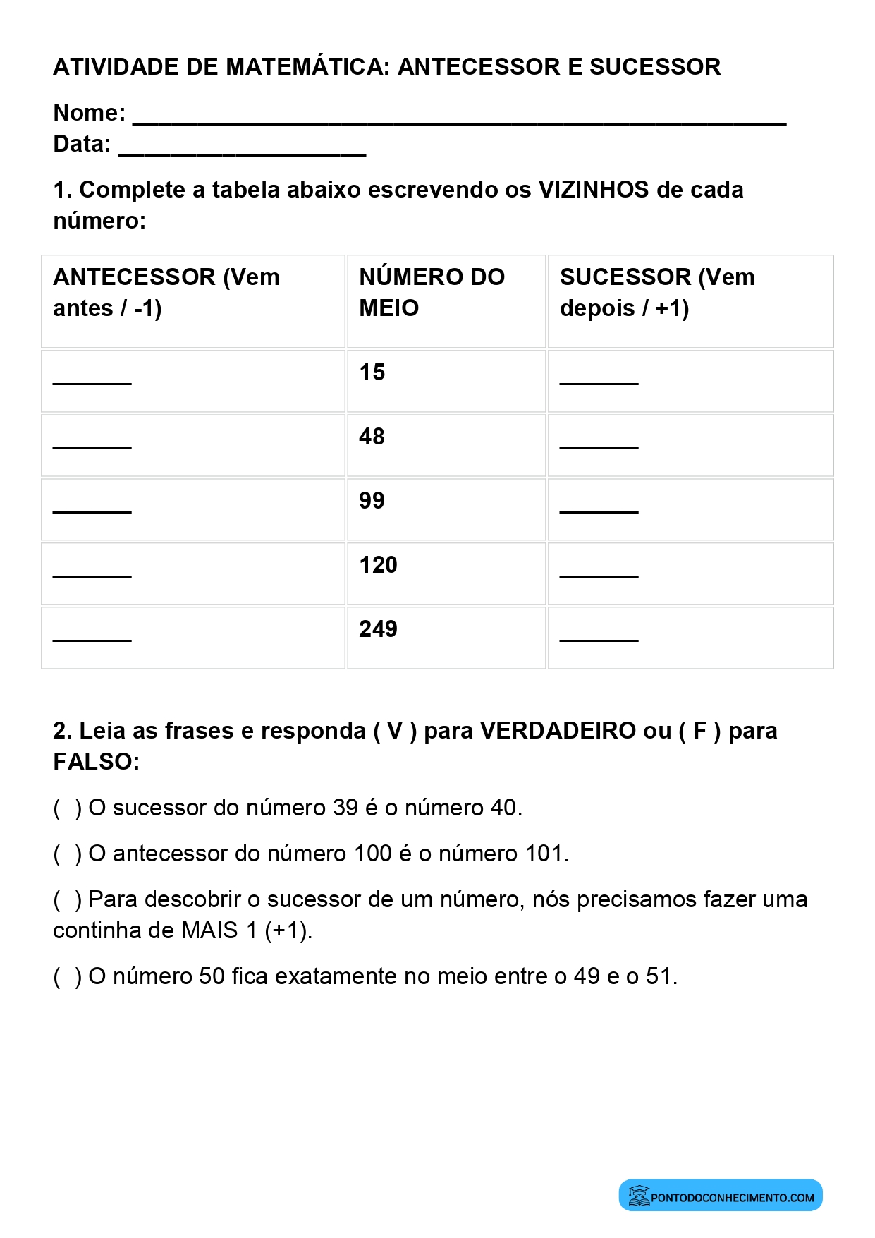 Exercícios sobre antecessor e sucessor