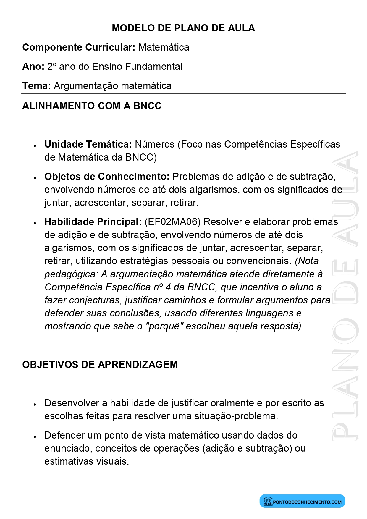 Modelo de Plano de Aula de Matemática para o 2º Ano do Ensino Fundamental sobre Argumentação Matemática