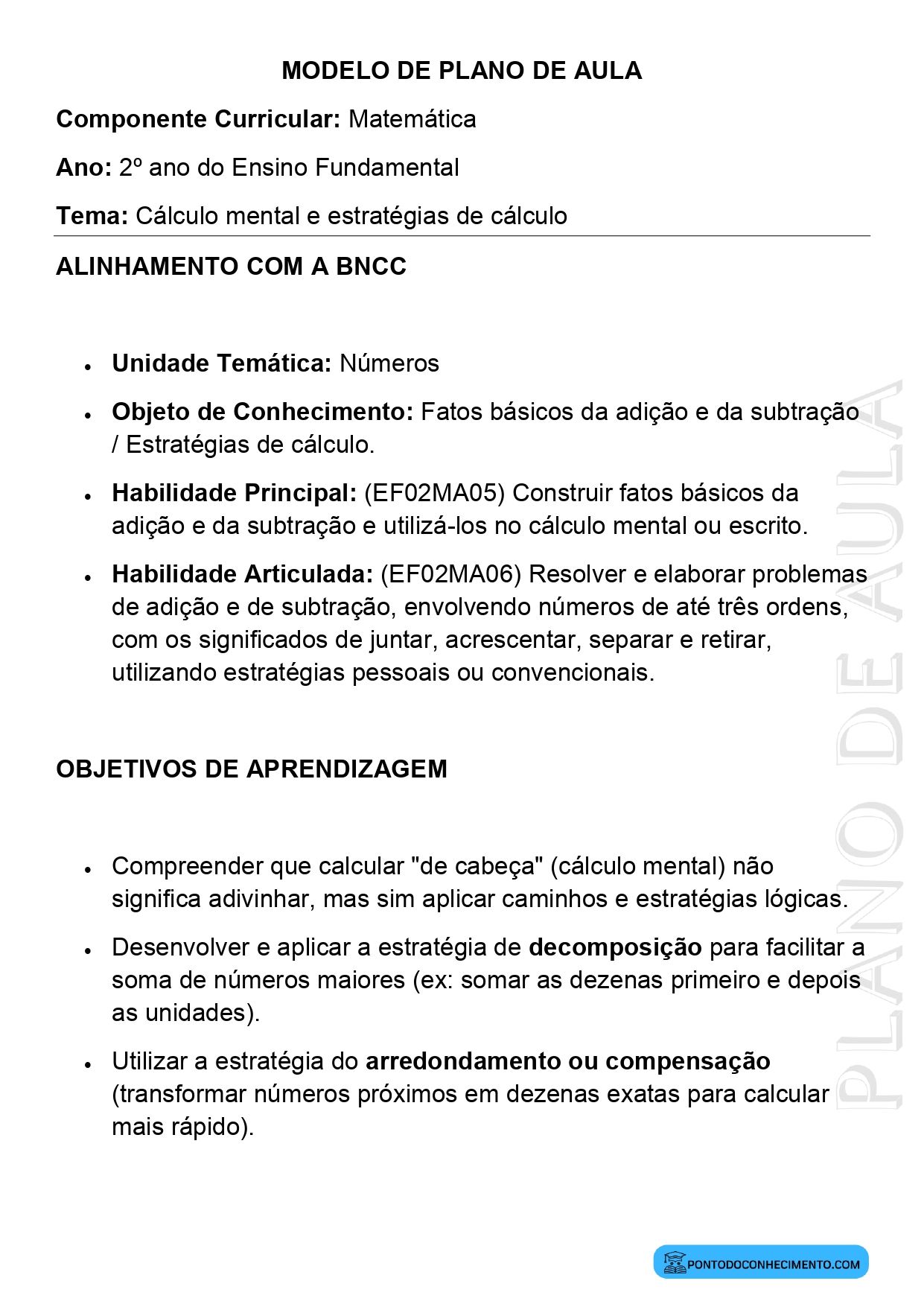 Modelo de Plano de Aula de Matemática para o 2º Ano do Ensino Fundamental sobre Cálculo Mental e Estratégias de Cálculo