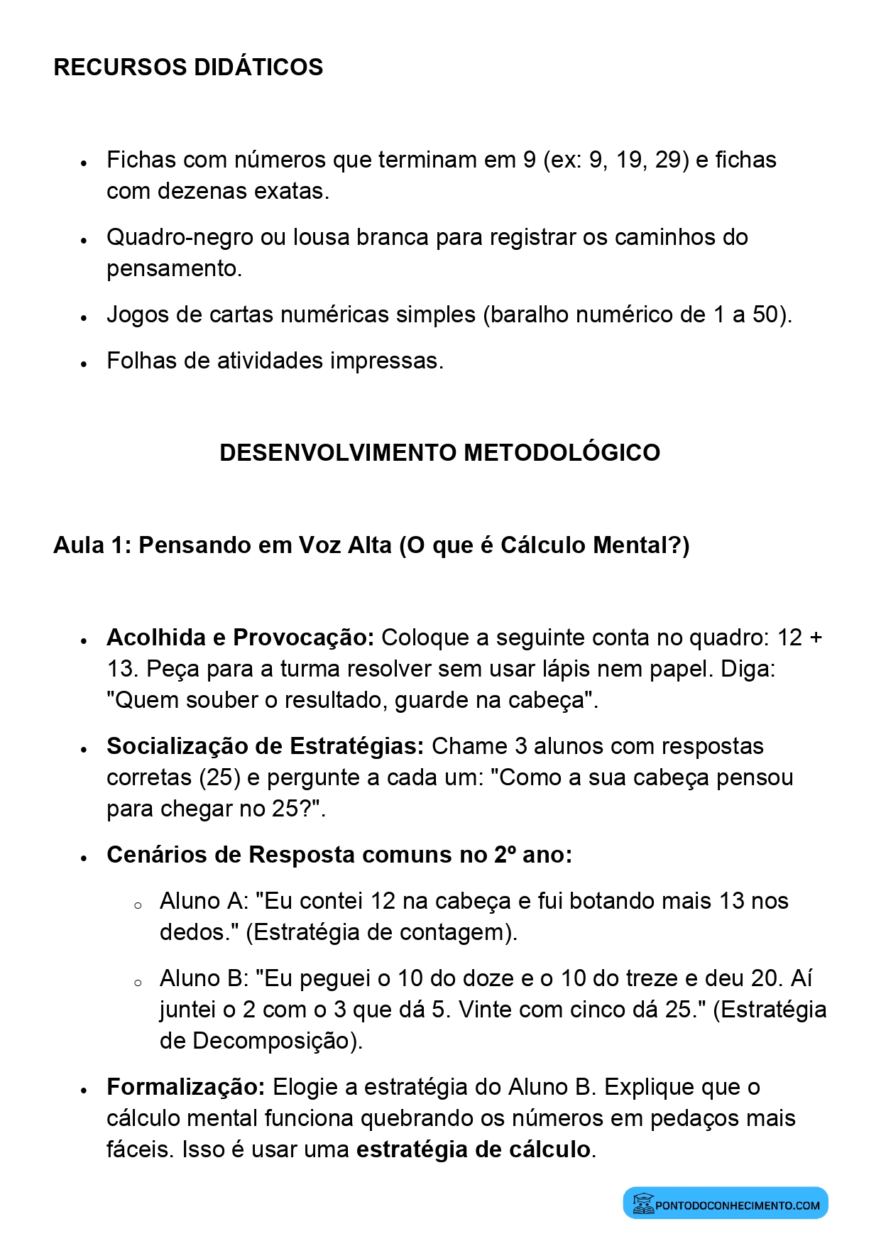 Plano de Aula Matemática 2º Ano Cálculo Mental e Estratégias de Cálculo