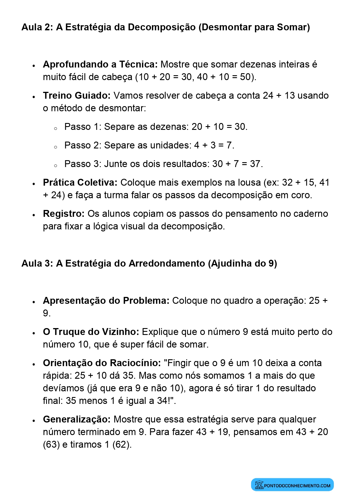 Plano de Aula Completo de Matemática 2º Ano Cálculo Mental e Estratégias de Cálculo