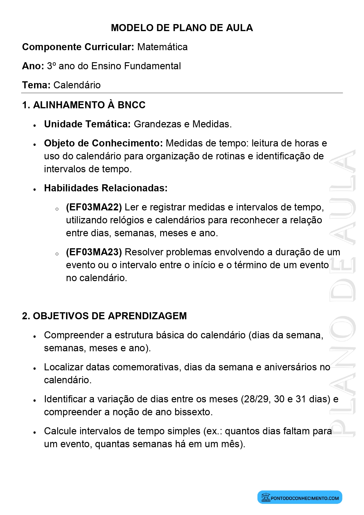 Plano de aula de Matemática 3º ano calendário