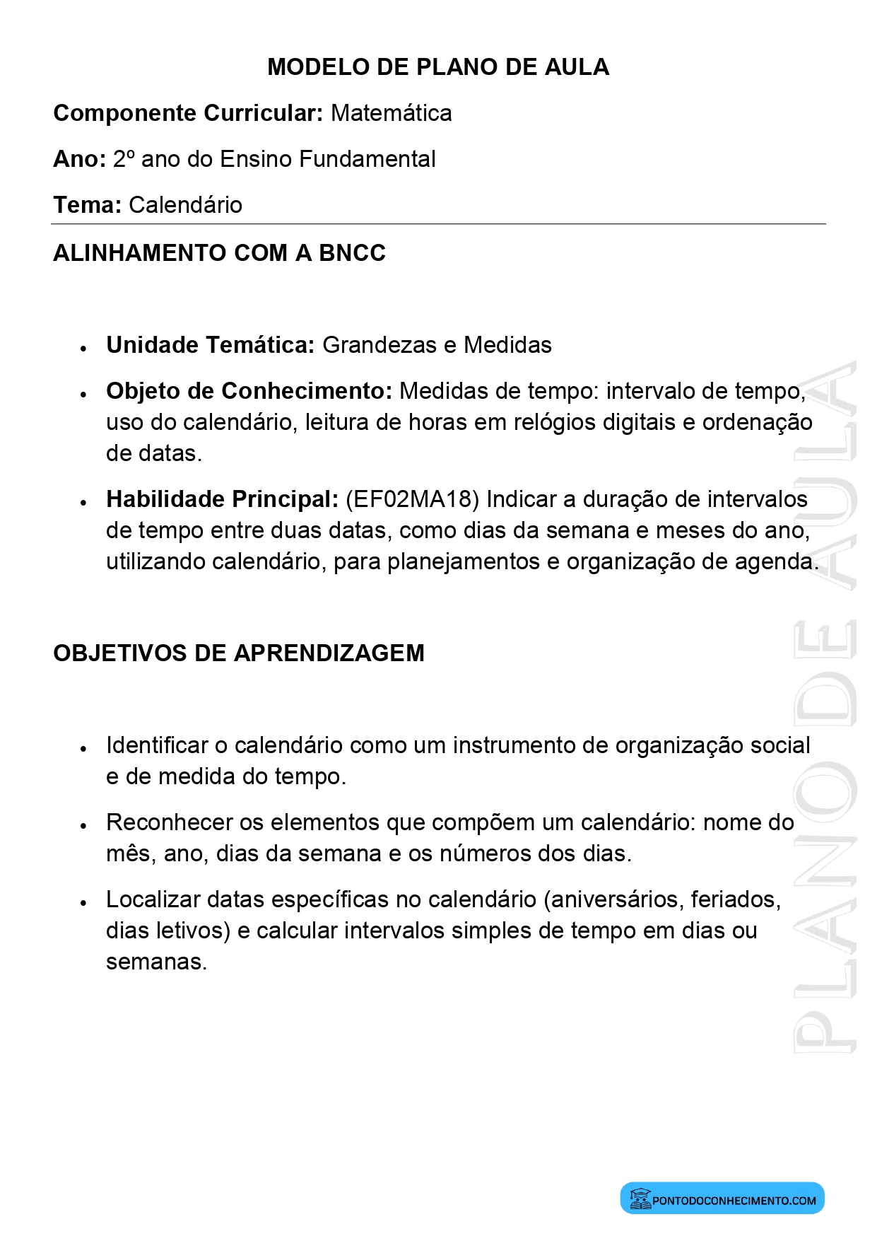 Modelo de Plano de Aula de Matemática para o 2º Ano do Ensino Fundamental sobre Calendário