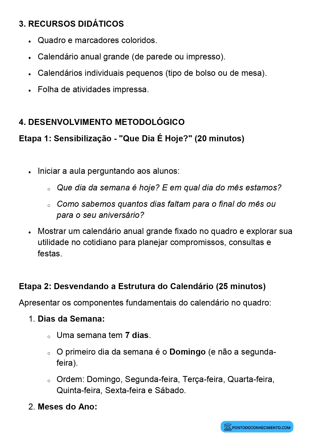 Plano de aula calendário 3º ano