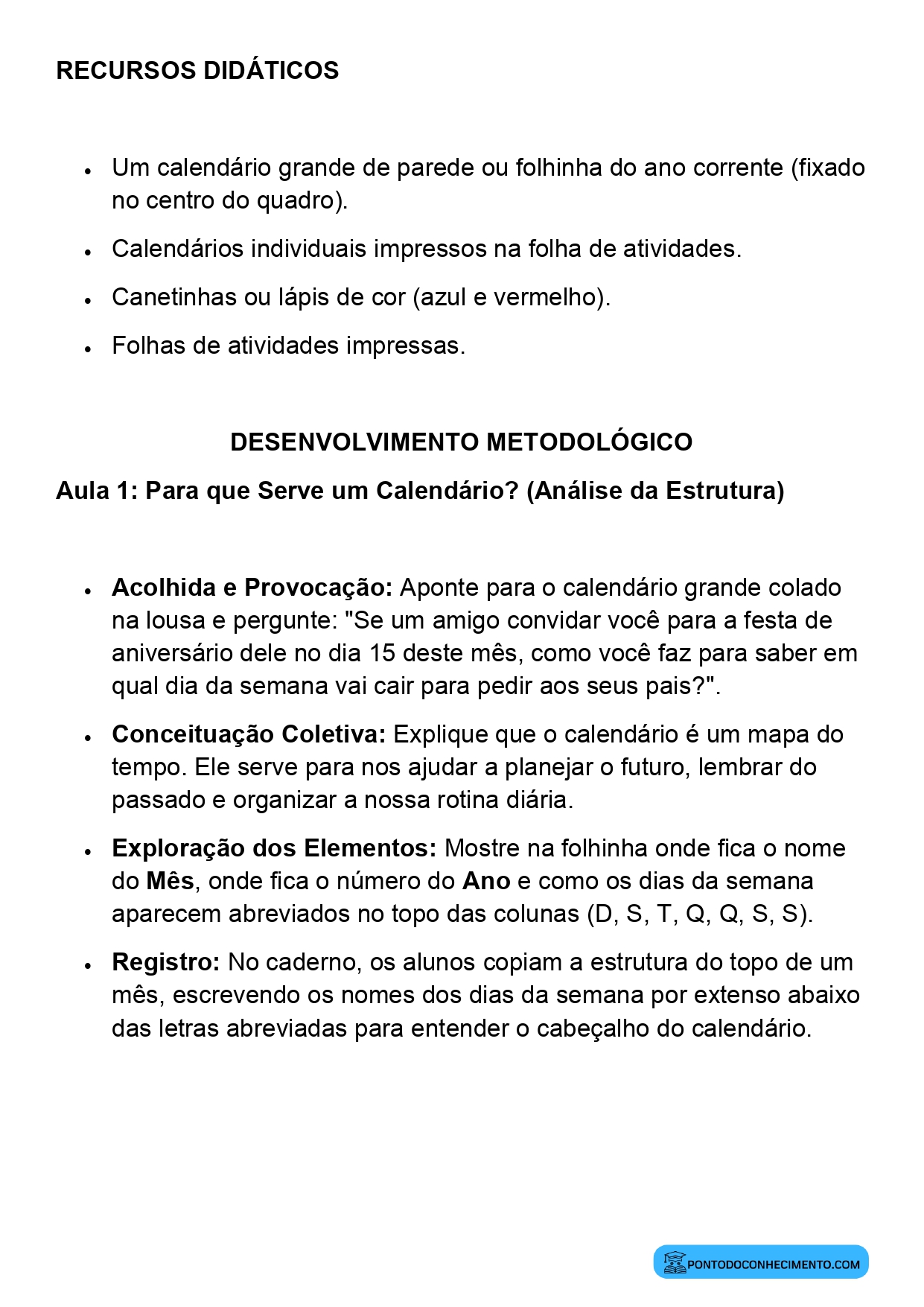 Plano de Aula Matemática 2º Ano Calendário