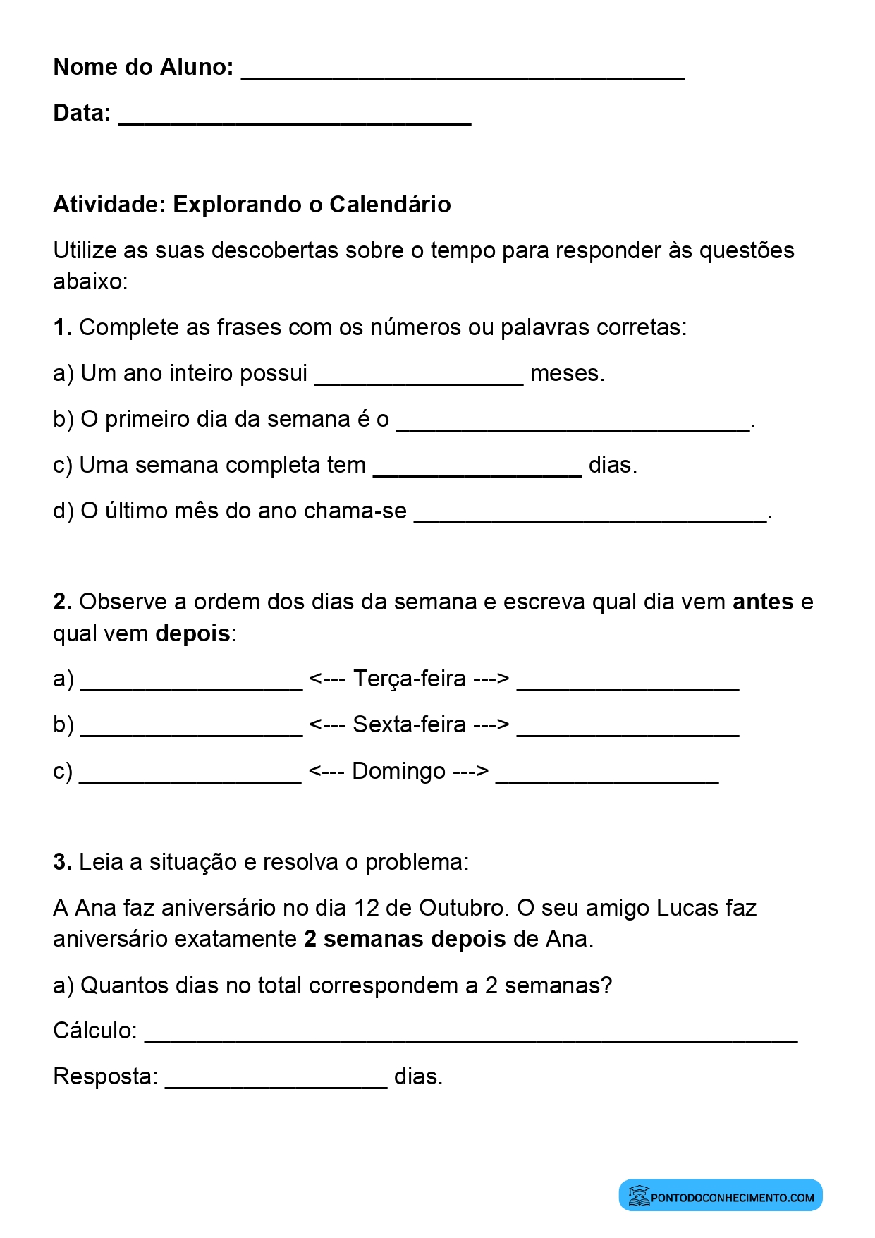 Exercícios sobre calendário