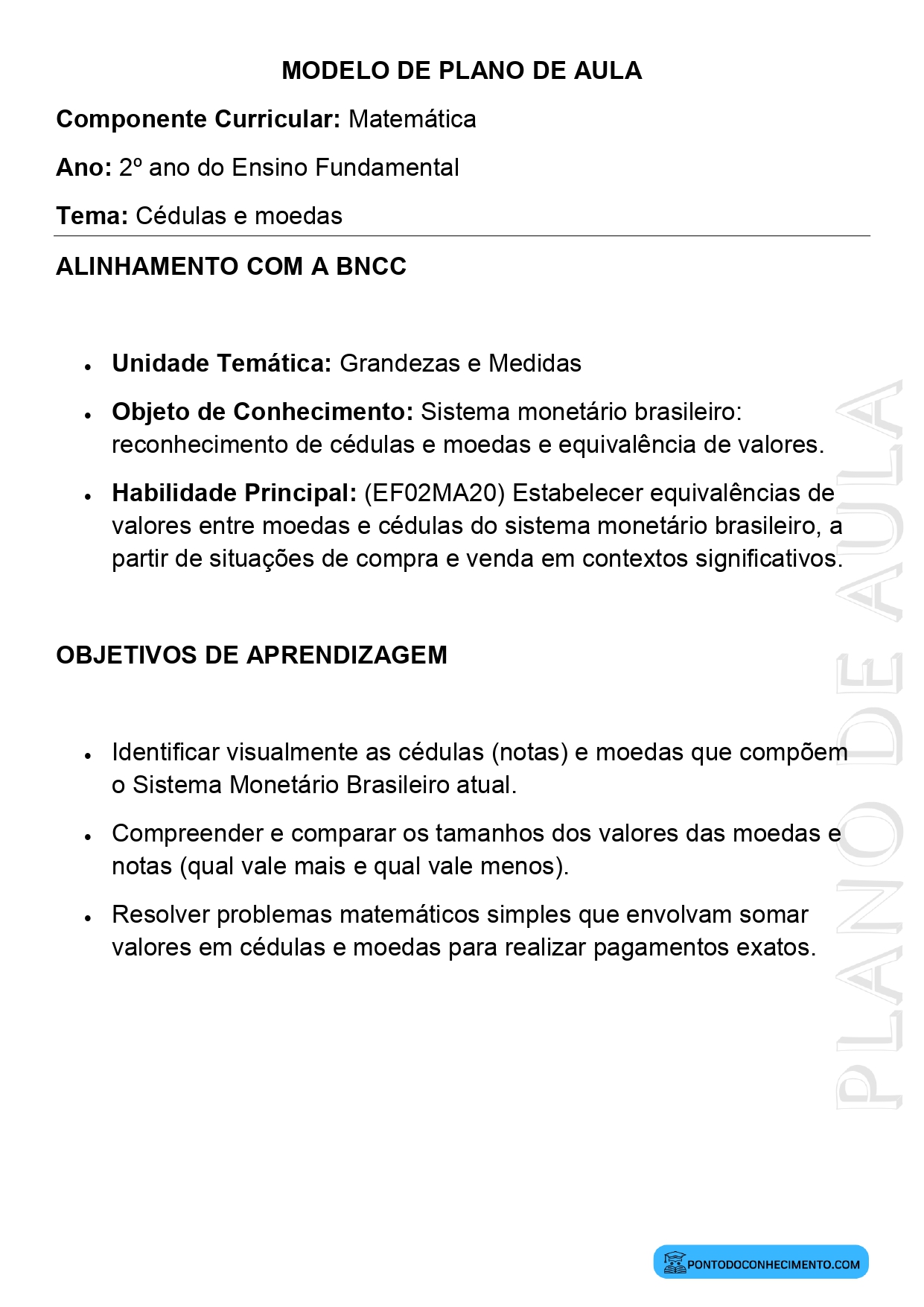 Modelo de Plano de Aula de Matemática para o 2º Ano do Ensino Fundamental sobre Cédulas e Moedas