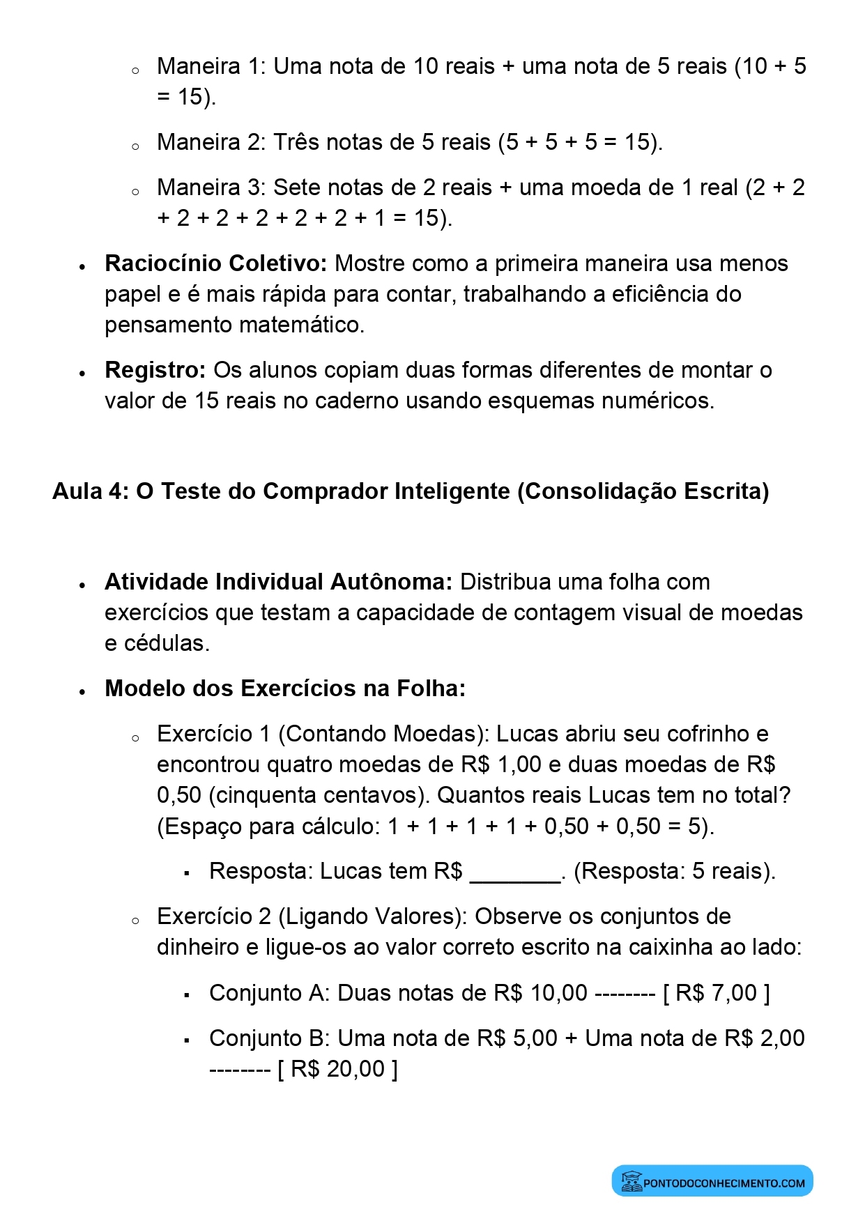 Plano de Aula BNCC Matemática 2º Ano Cédulas e Moedas