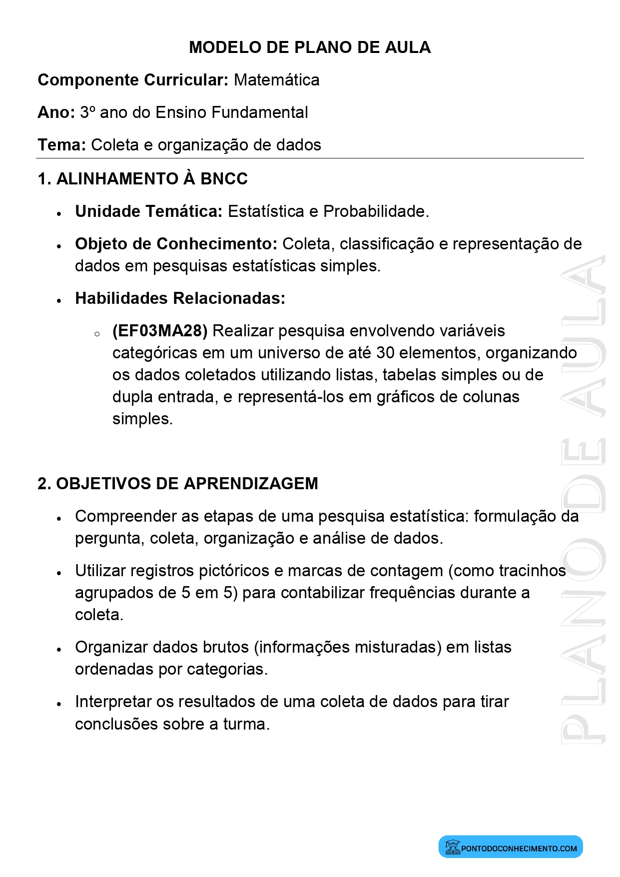 Modelo de plano de aula de Matemática para o 3º ano do Ensino Fundamental sobre Coleta e organização de dados