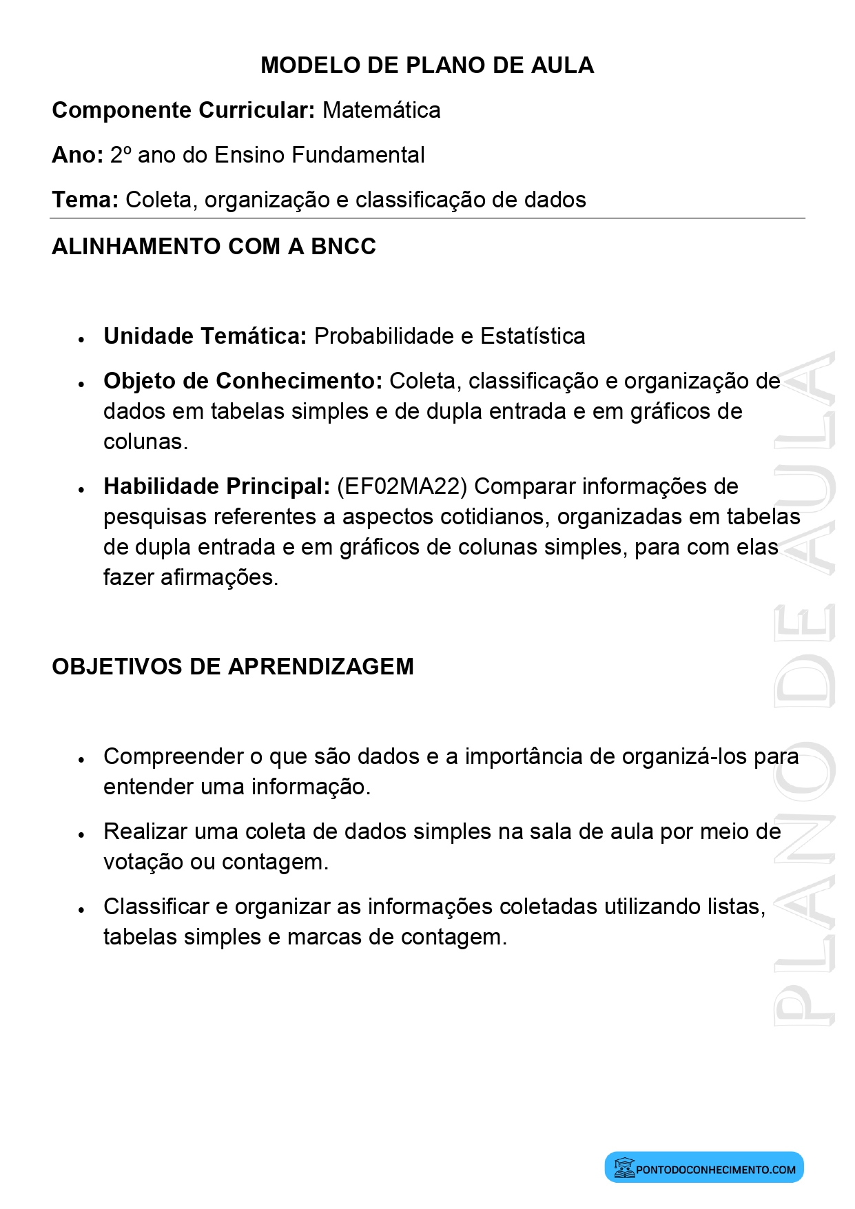 Plano de Aula de Matemática 2º Ano sobre Coleta organização e classificação de dados