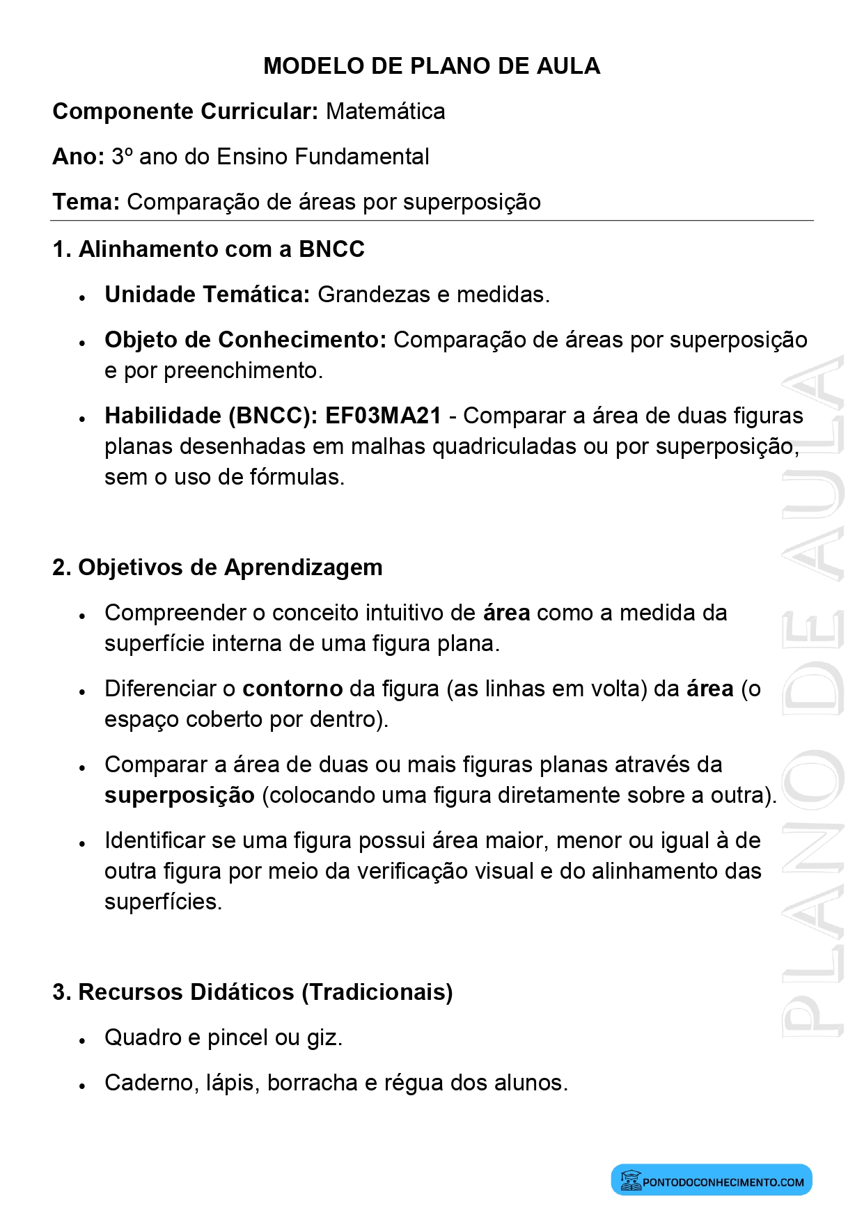 Modelo de plano de aula de Matemática para o 3º ano do Ensino Fundamental sobre Comparação de áreas por sobreposição