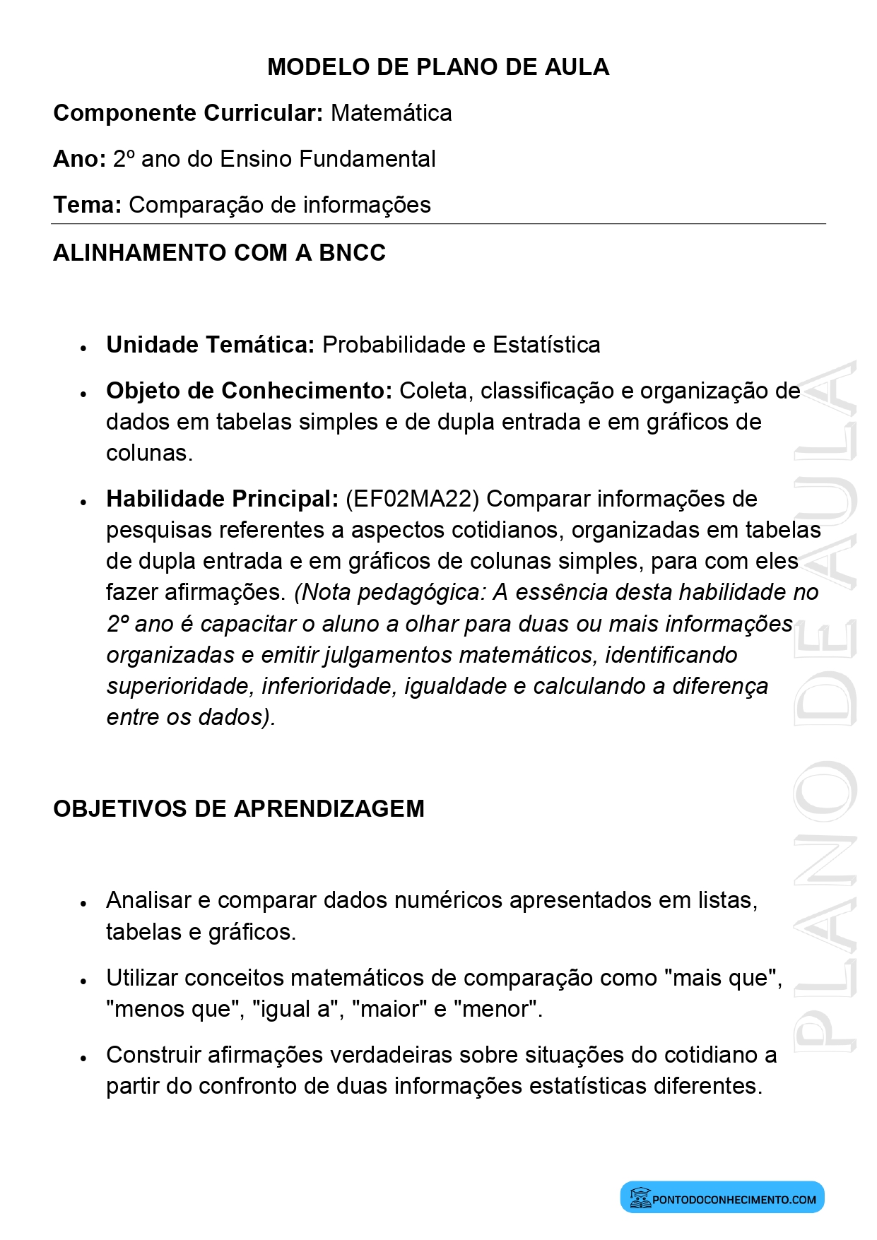 Modelo de Plano de Aula de Matemática para o 2º Ano do Ensino Fundamental sobre Comparação de Informações