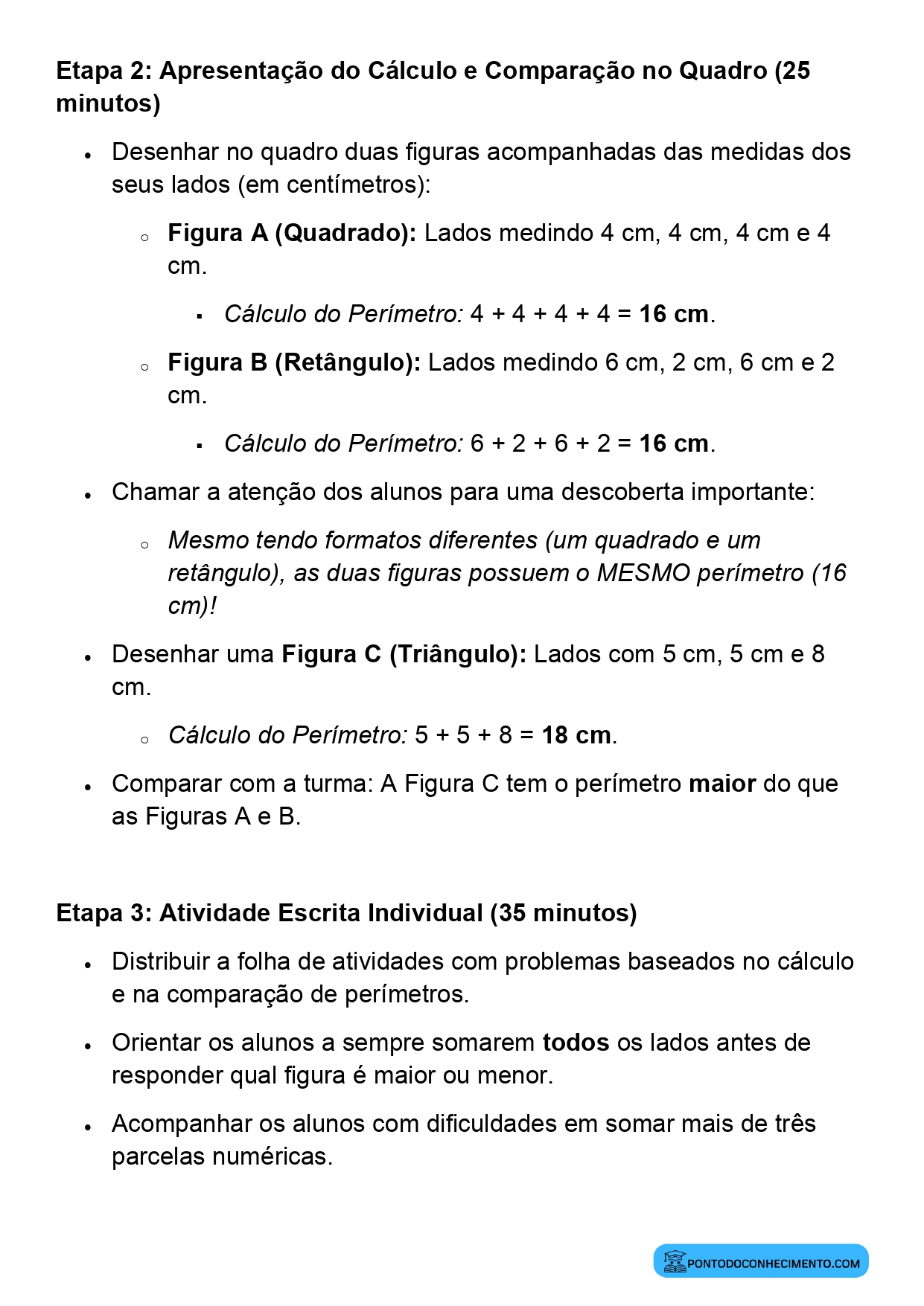 Plano de aula de Matemática sobre comparação do perímetro de figuras