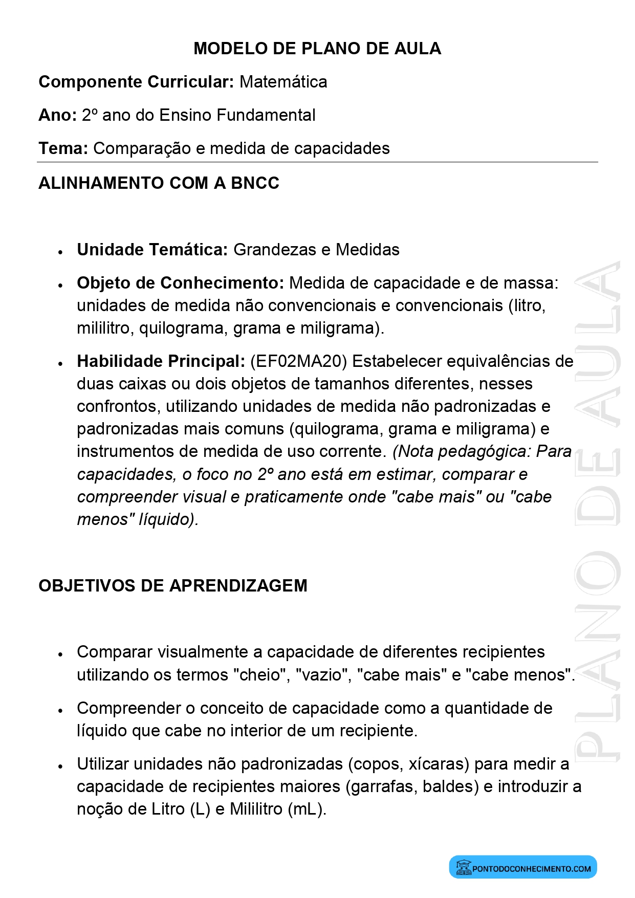 Modelo de Plano de Aula de Matemática para o 2º Ano do Ensino Fundamental sobre Comparação e Medida de Capacidades