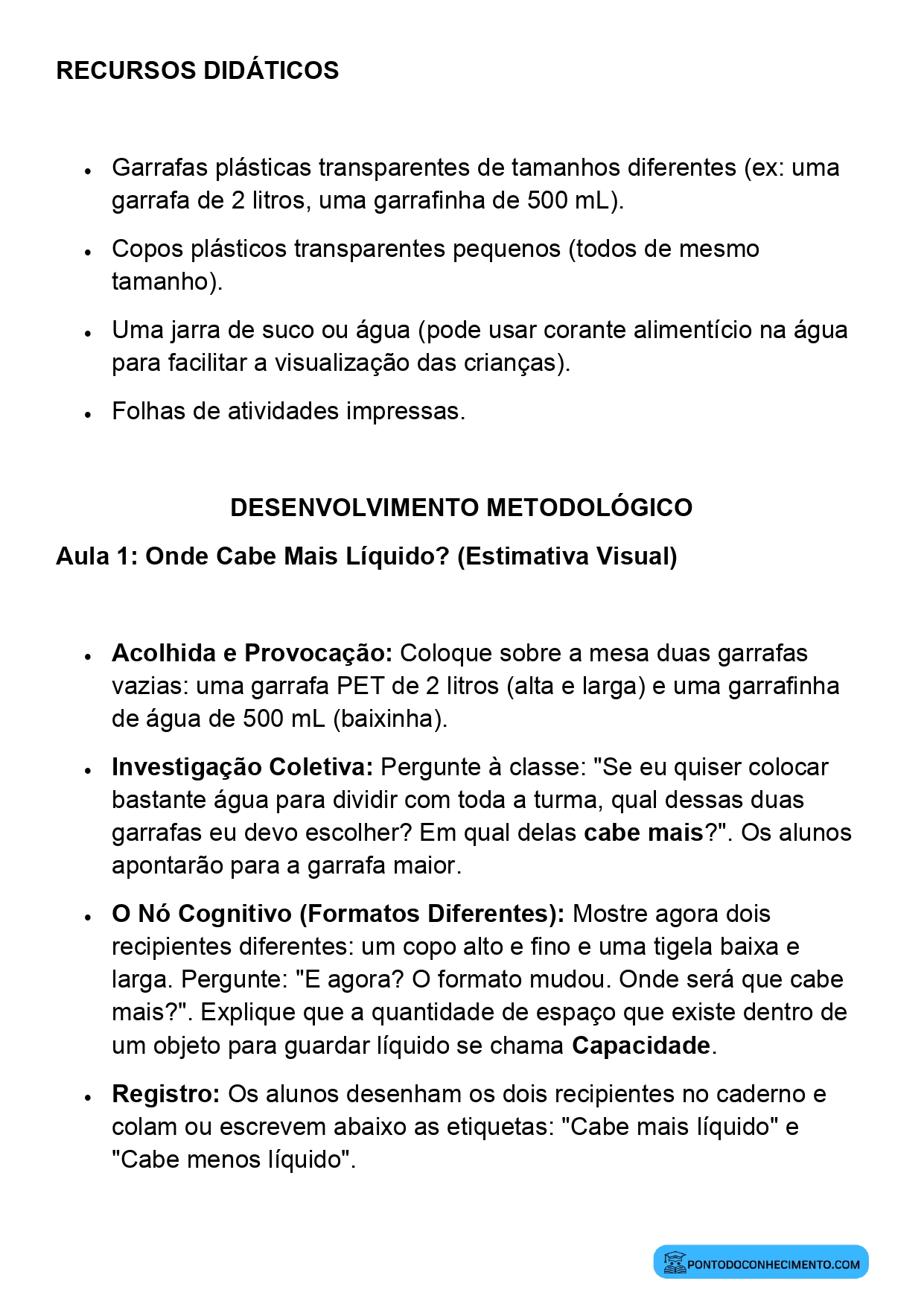 Plano de Aula Matemática 2º Ano Comparação e Medida de Capacidades