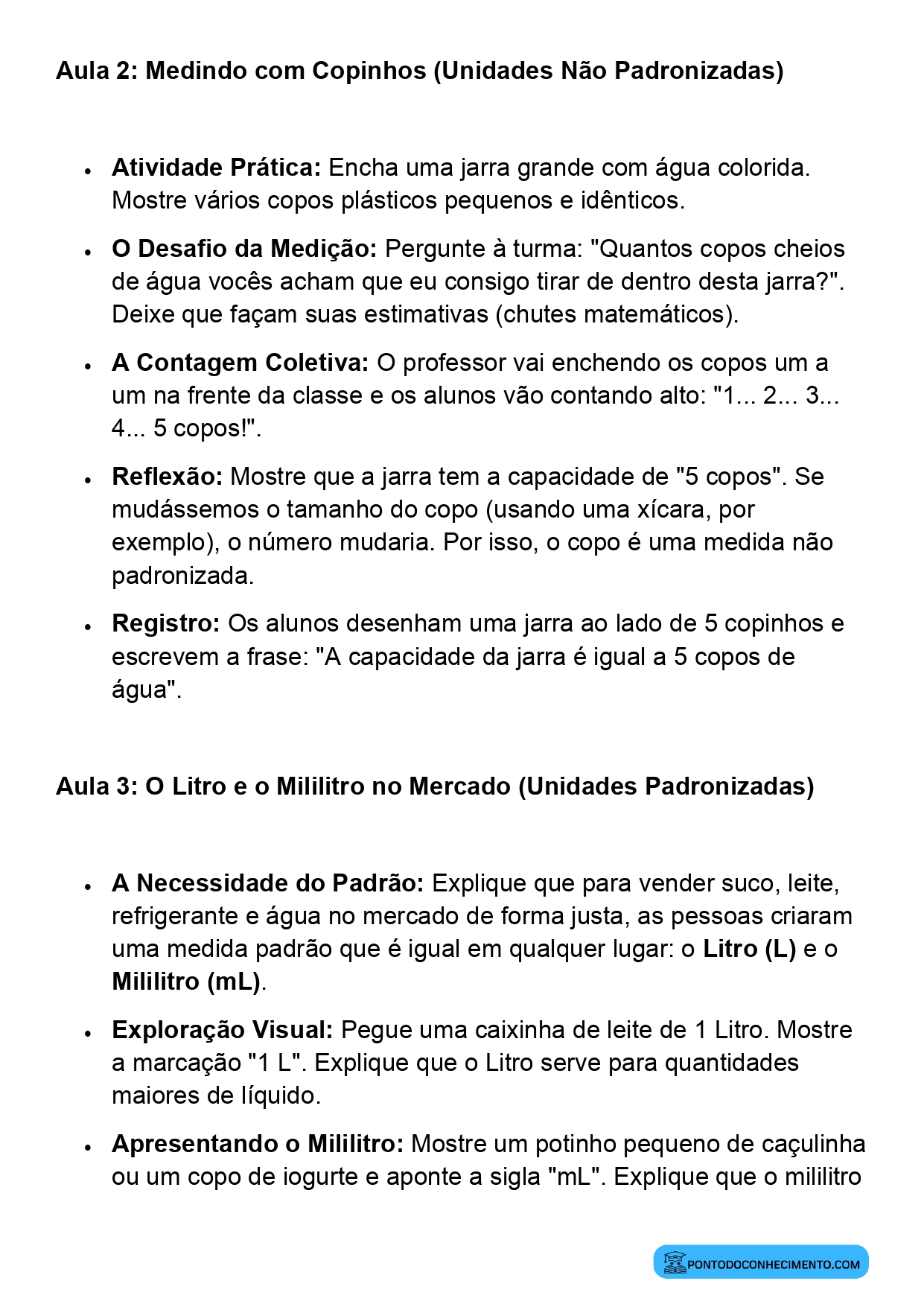 Plano de Aula Completo de Matemática 2º Ano Comparação e Medida de Capacidades