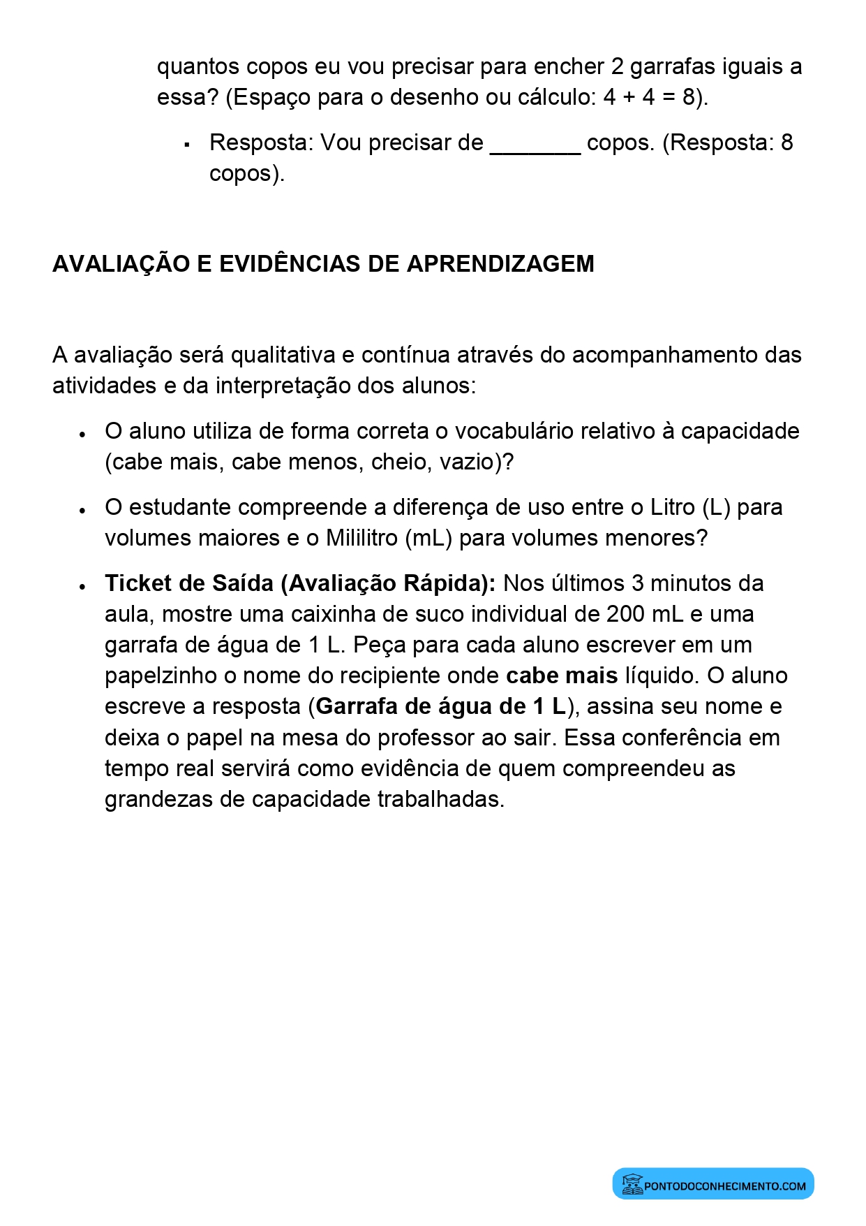 Plano de Aula Alinhado à BNCC Matemática 2º Ano Comparação e Medida de Capacidades