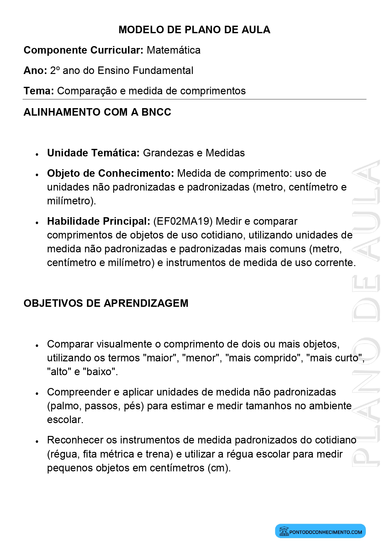 Plano de Aula Matemática 2º Ano Comparação e Medida de Comprimentos