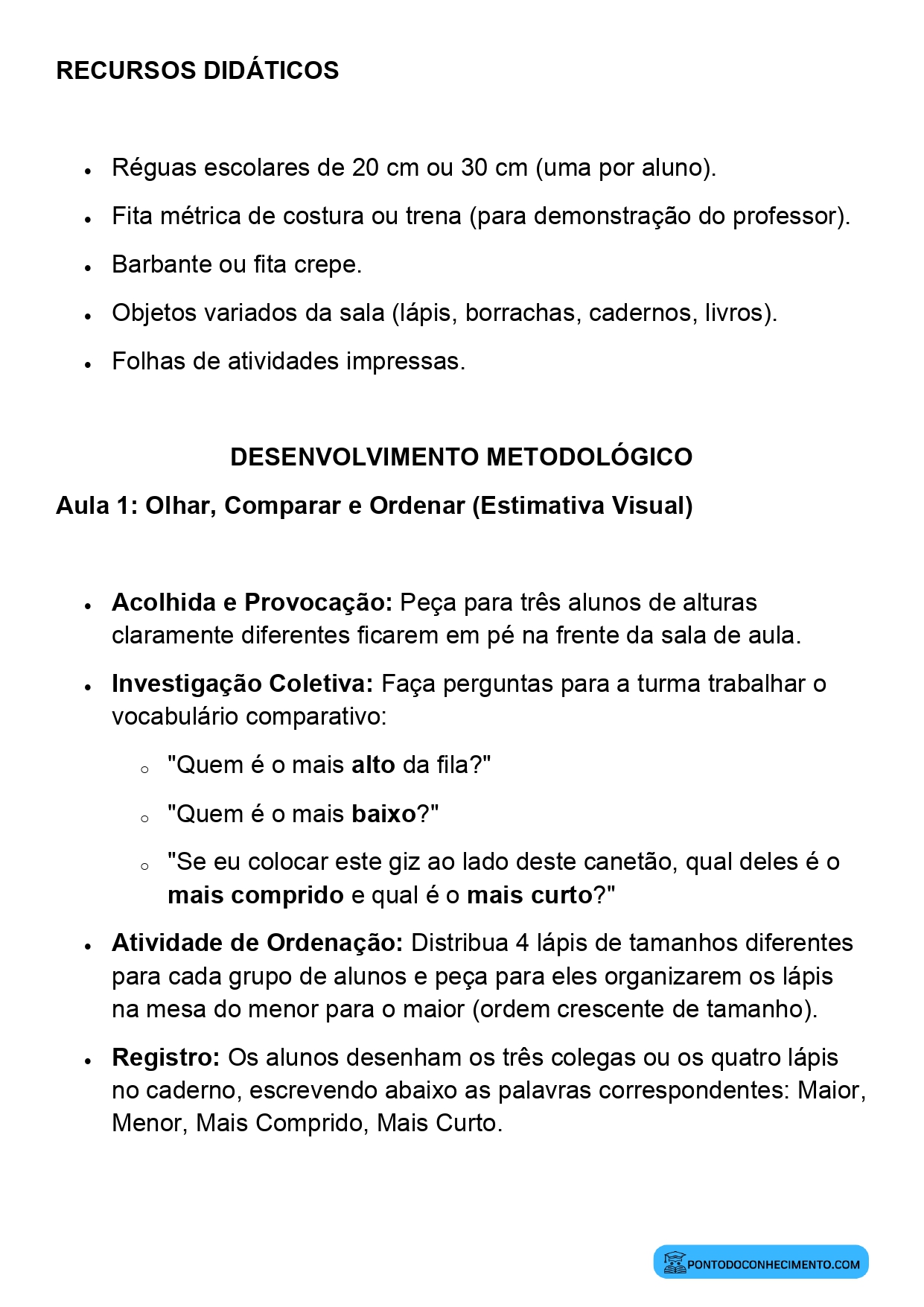 Plano de Aula Completo de Matemática 2º Ano Comparação e Medida de Comprimentos