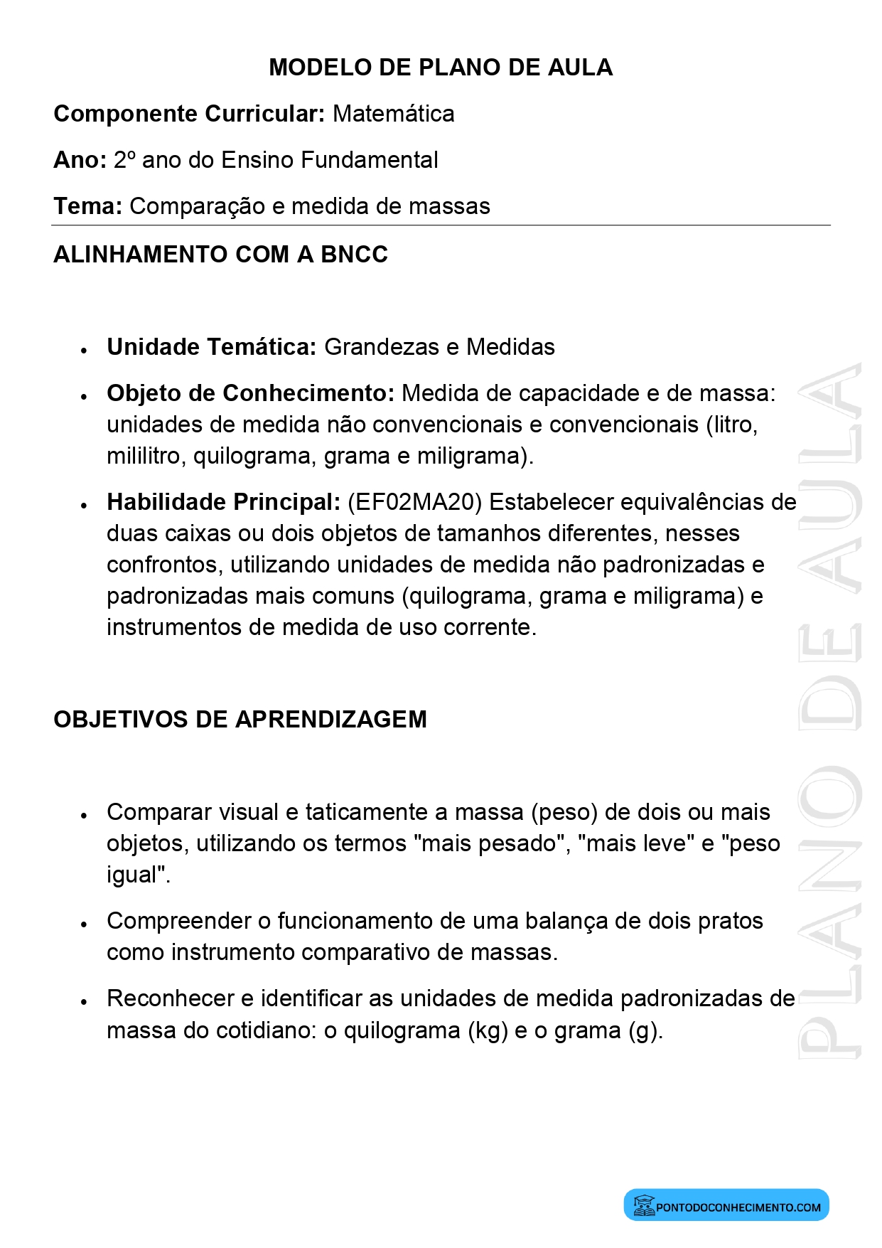 Modelo de Plano de Aula de Matemática para o 2º Ano do Ensino Fundamental sobre Comparação e Medida de Massas