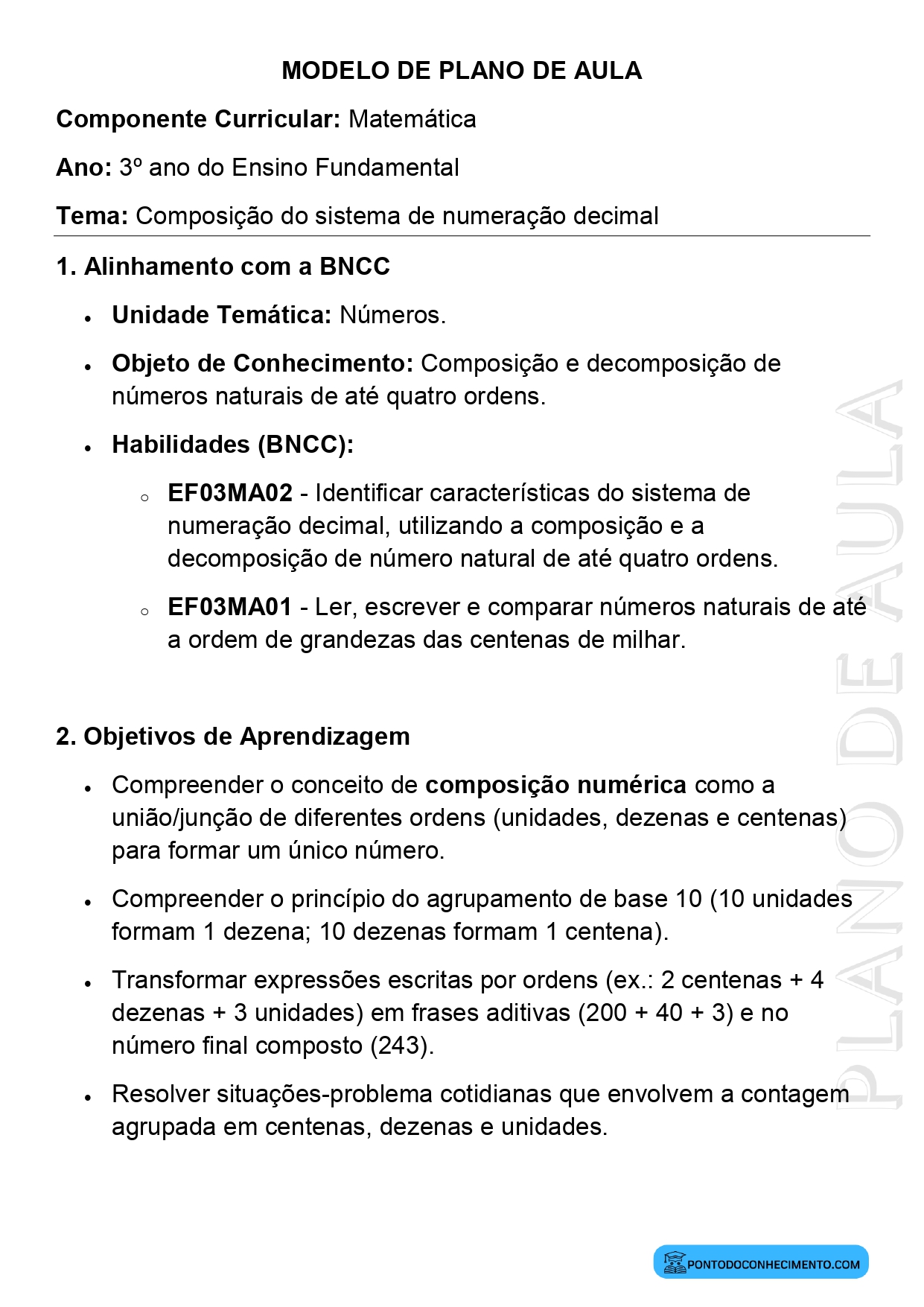 Plano de aula de Matemática para o 3º ano sobre composição do sistema de numeração decimal