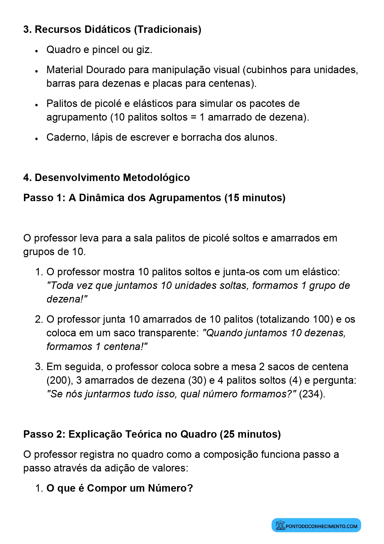 Modelo de plano de aula de Matemática para o 3º ano do Ensino Fundamental sobre composição do sistema de numeração decimal