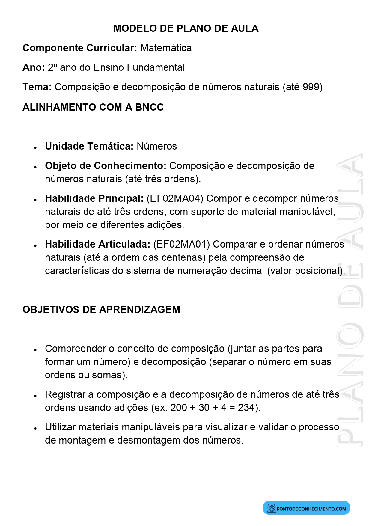 Modelo de Plano de Aula de Matemática para o 2º Ano do Ensino Fundamental sobre Composição e Decomposição de Números Naturais até 999