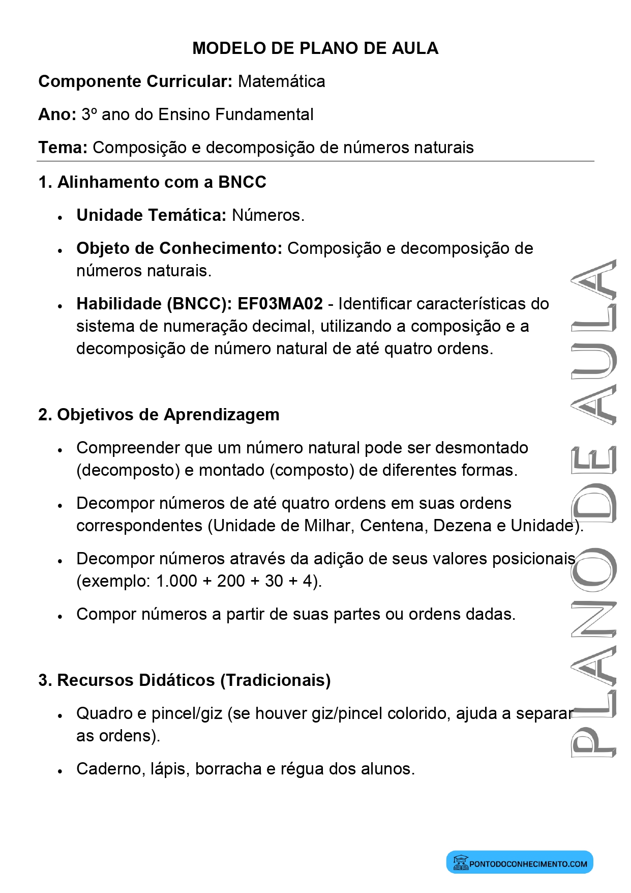 Modelo de plano de aula de Matemática para o 3º ano do Ensino Fundamental sobre composição e decomposição de números naturais