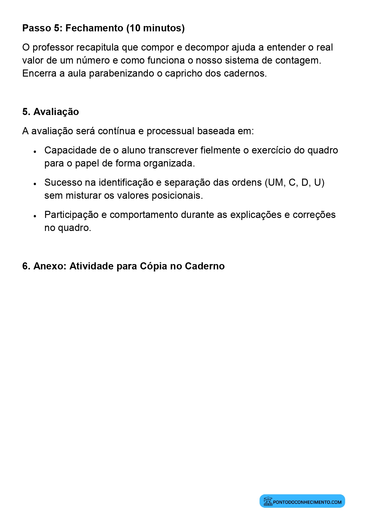 Plano de aula de Matemática sobre valor posicional dos números