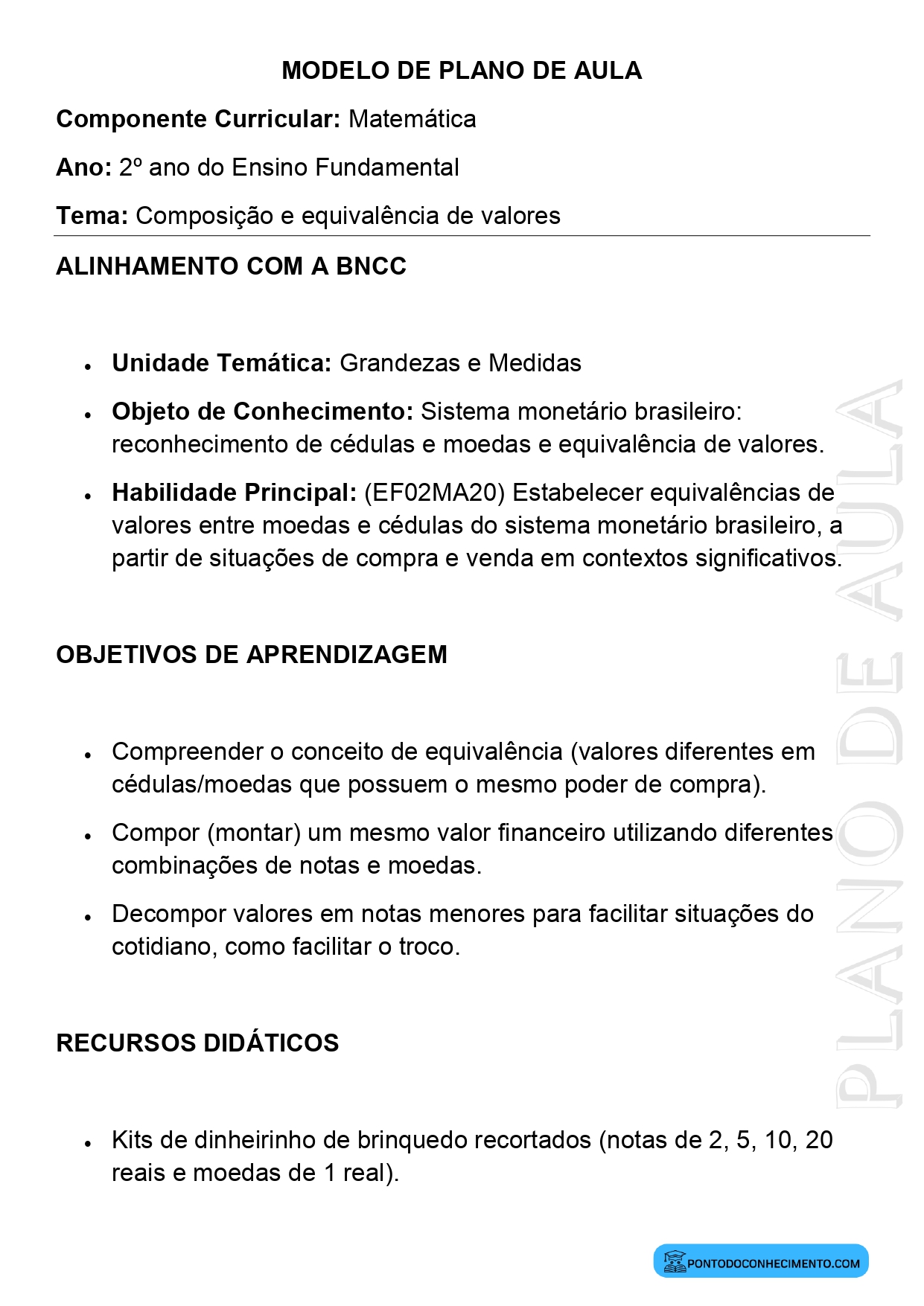 Modelo de Plano de Aula de Matemática para o 2º Ano do Ensino Fundamental sobre Composição e Equivalência de Valores