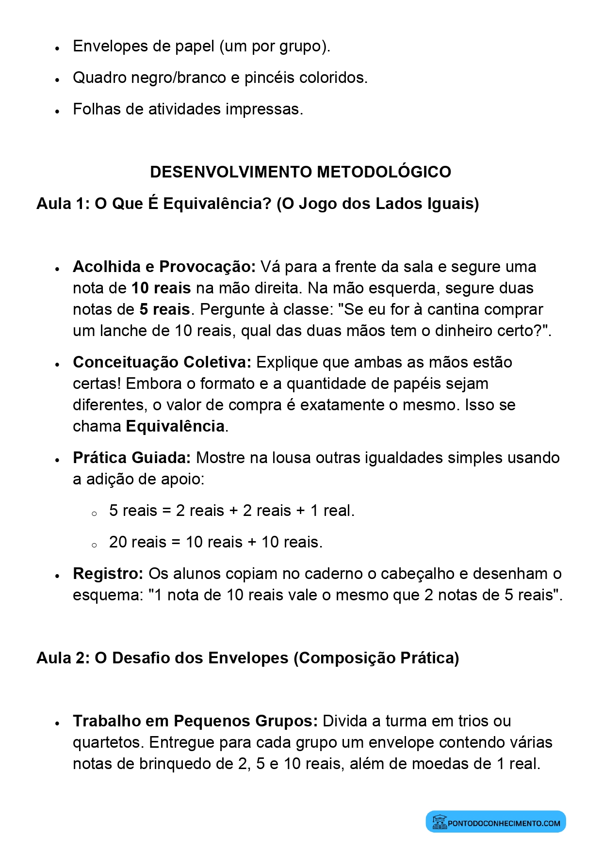 Plano de Aula Matemática 2º Ano Composição e Equivalência de Valores