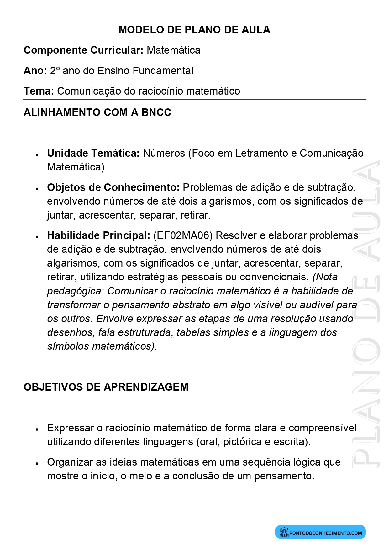 Modelo de Plano de Aula de Matemática para o 2º Ano do Ensino Fundamental sobre Comunicação do Raciocínio Matemático