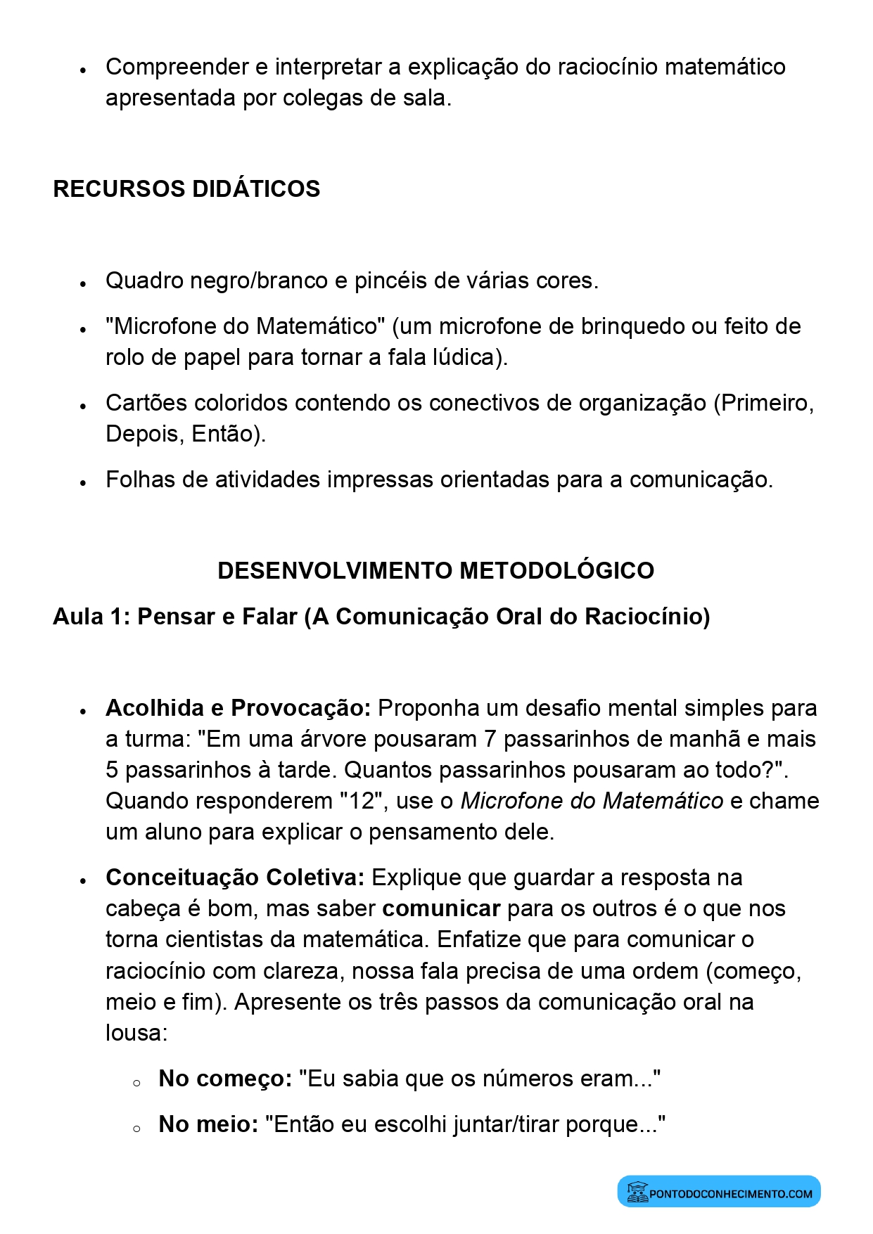 Plano de Aula Matemática 2º Ano Comunicação do Raciocínio Matemático