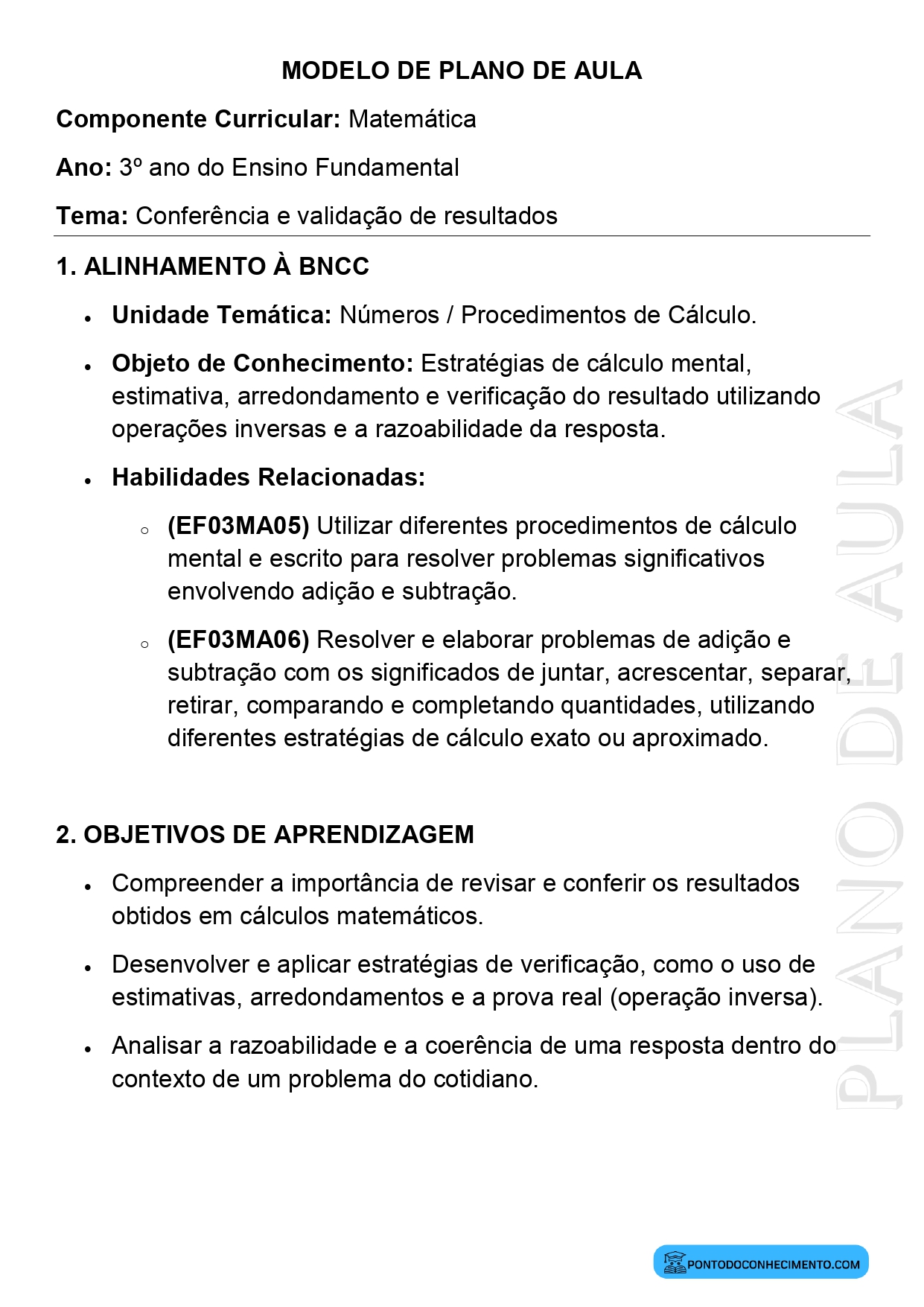 Modelo de plano de aula de Matemática para o 3º ano do Ensino Fundamental sobre conferência e validação de resultados