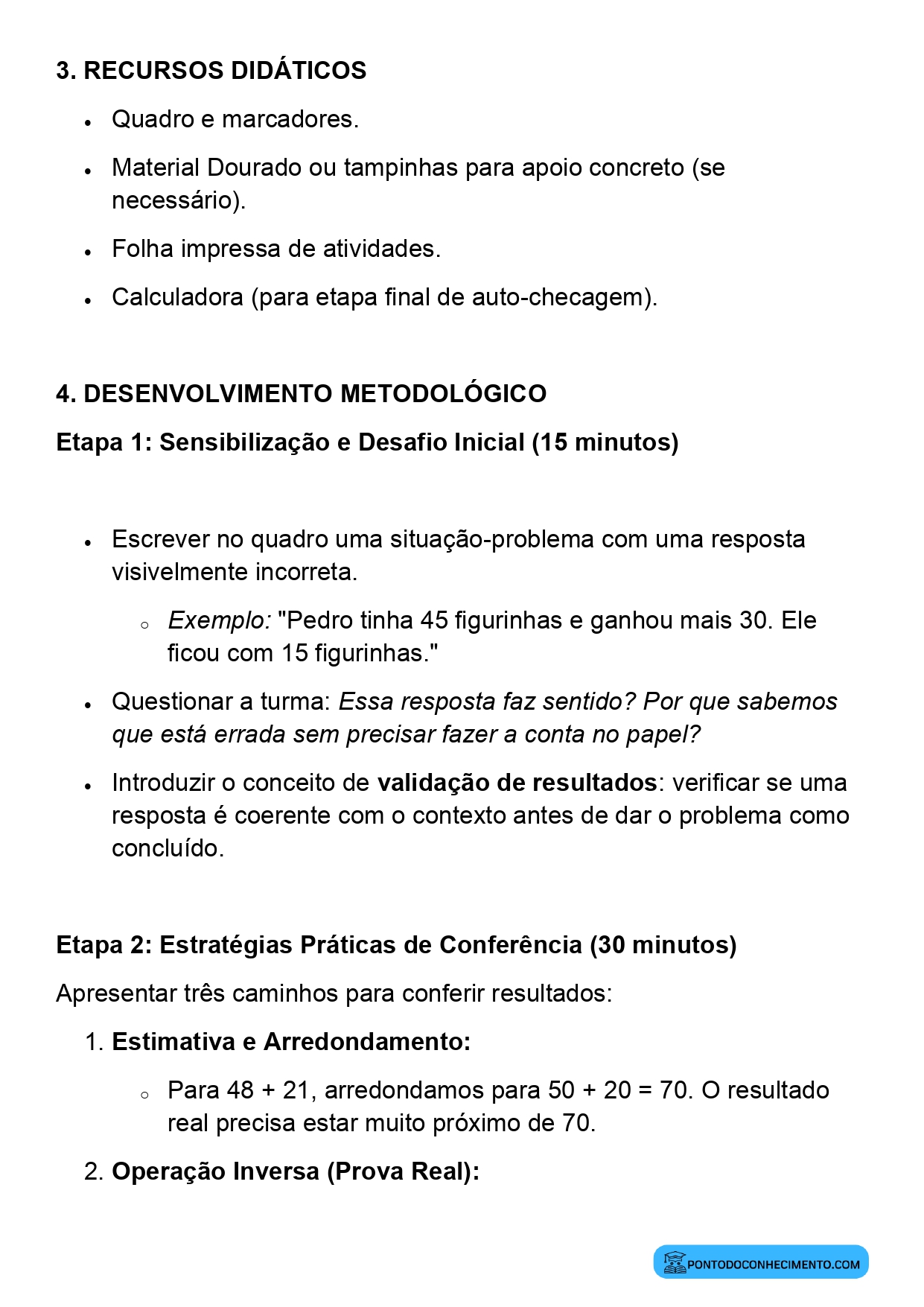 Plano de aula sobre validação de resultados em Matemática