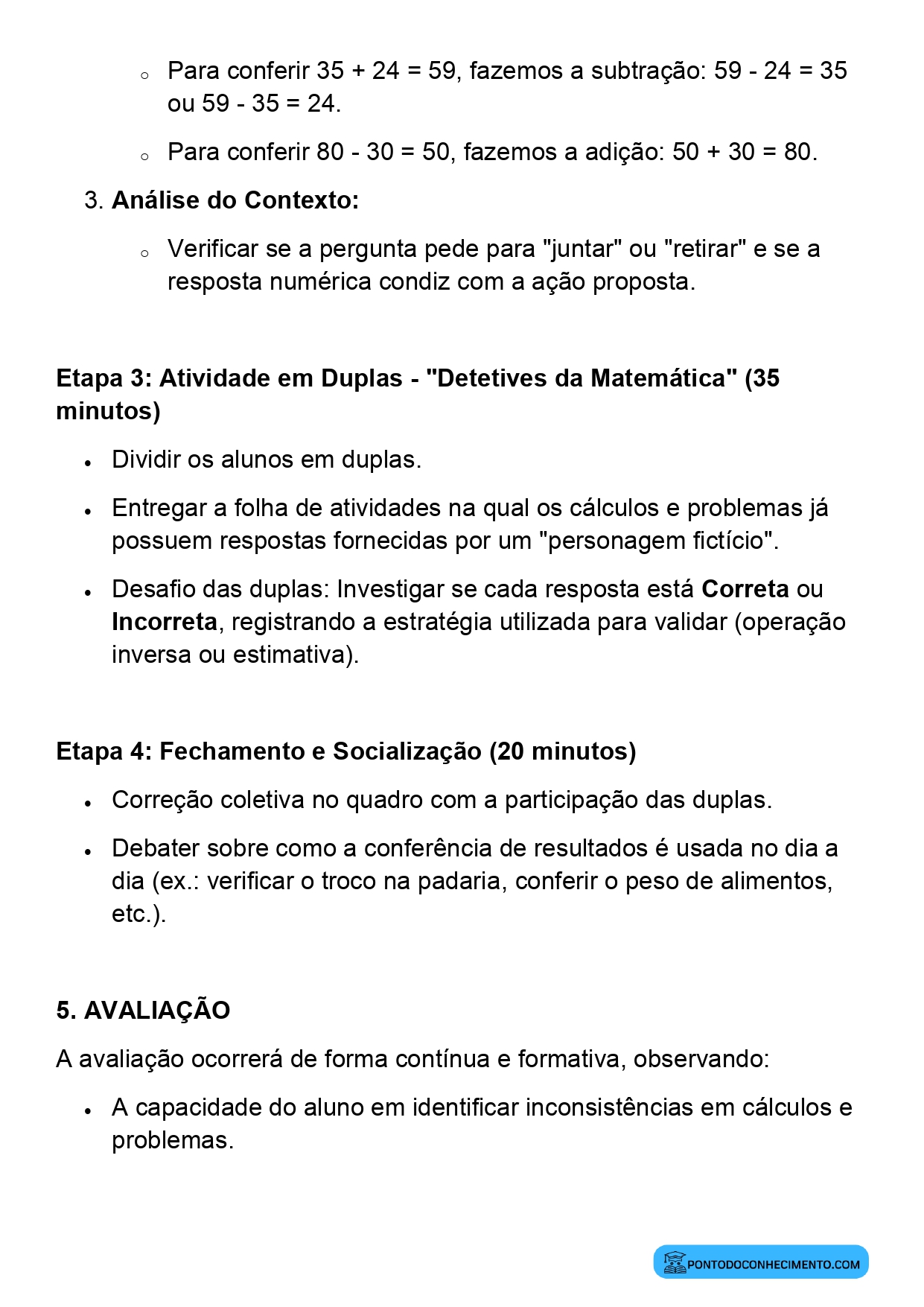 Plano de aula de Matemática sobre verificação de cálculos