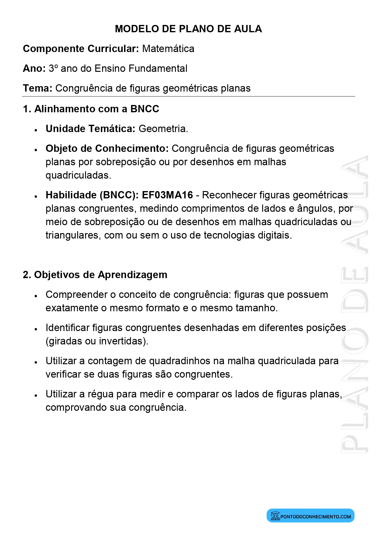 Modelo de plano de aula de Matemática para o 3º ano do Ensino Fundamental sobre congruência de figuras geométricas planas