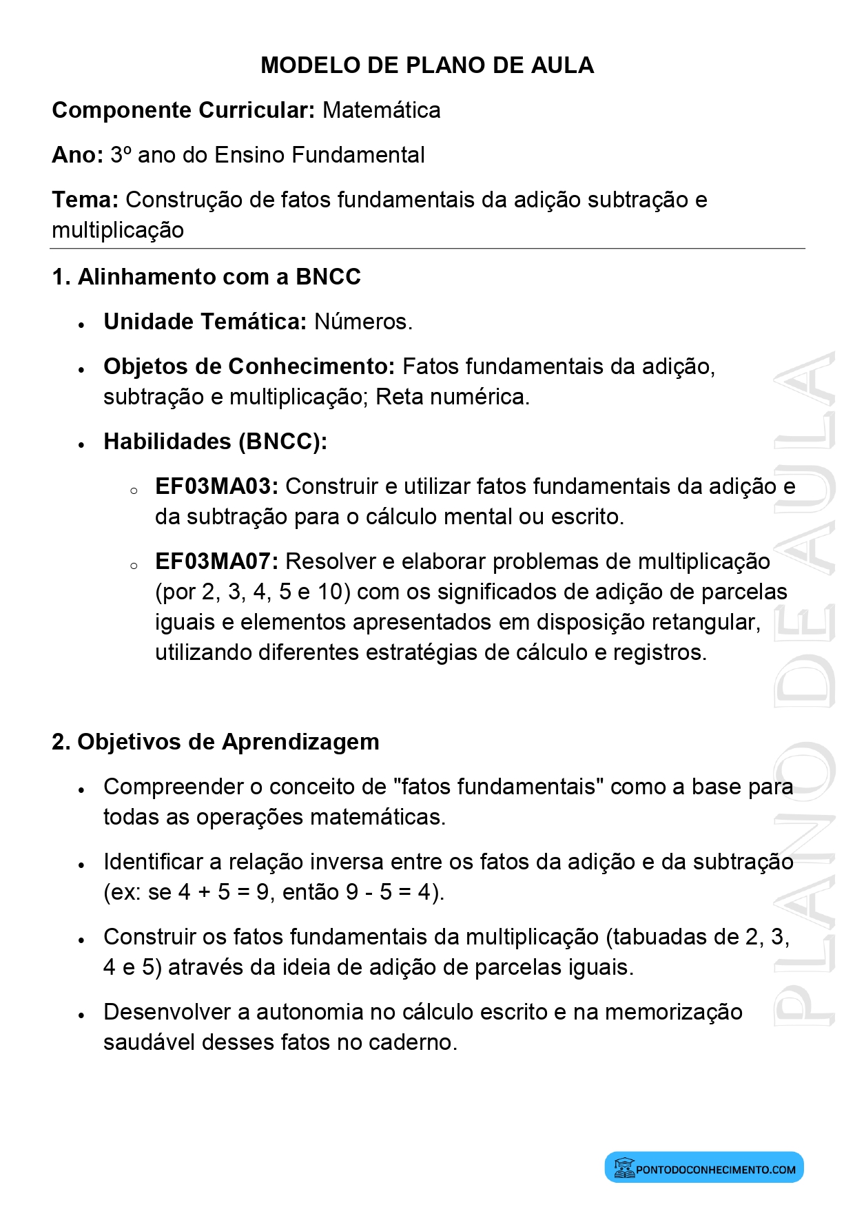Modelo de plano de aula de Matemática para o 3º ano do Ensino Fundamental sobre construção de fatos fundamentais da adição subtração e multiplicação